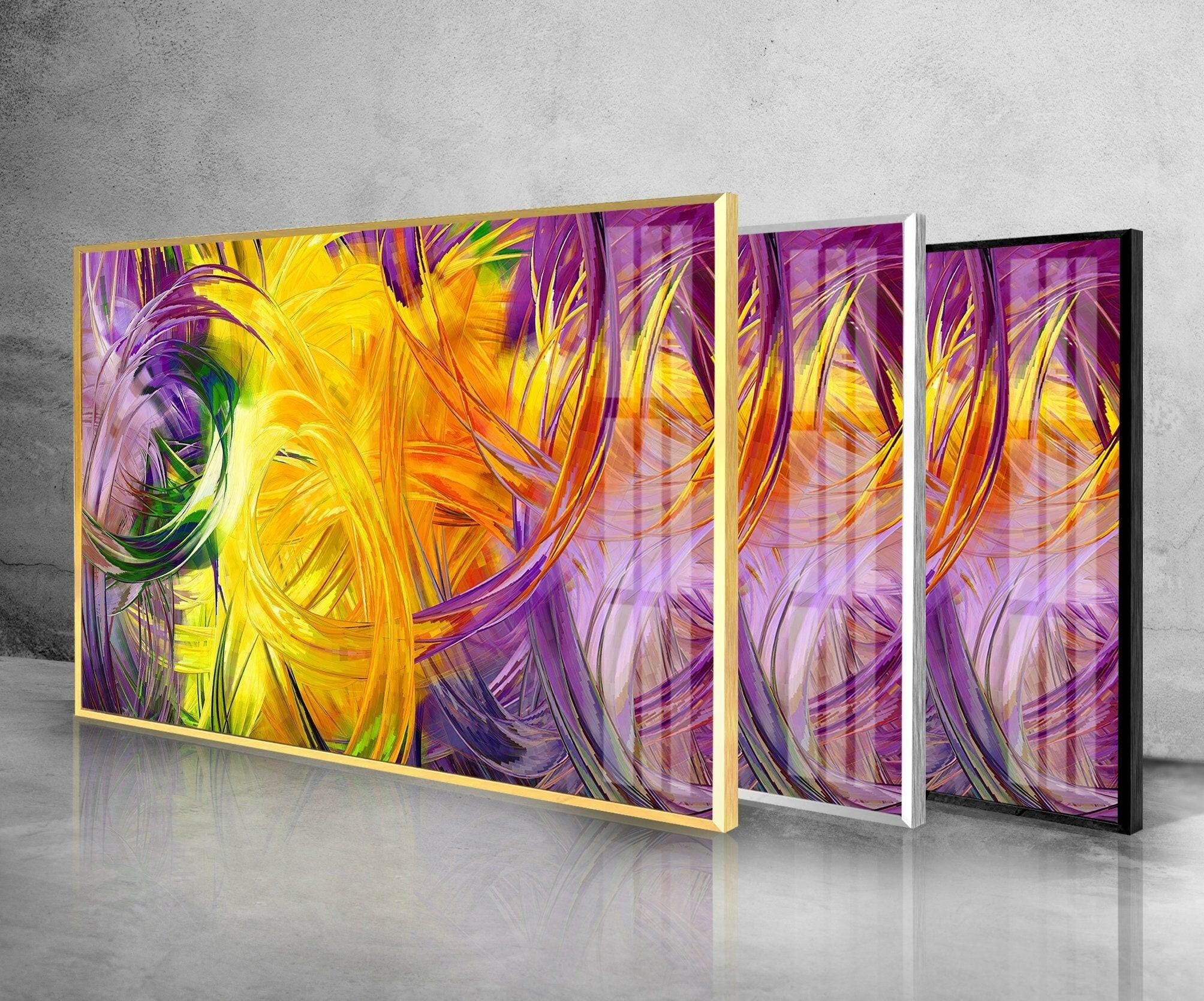 Abstract Art Yellow Fractal Glass Wall Decor - Modern Geometric Artwork for Living Room, Bedroom & Office Decor