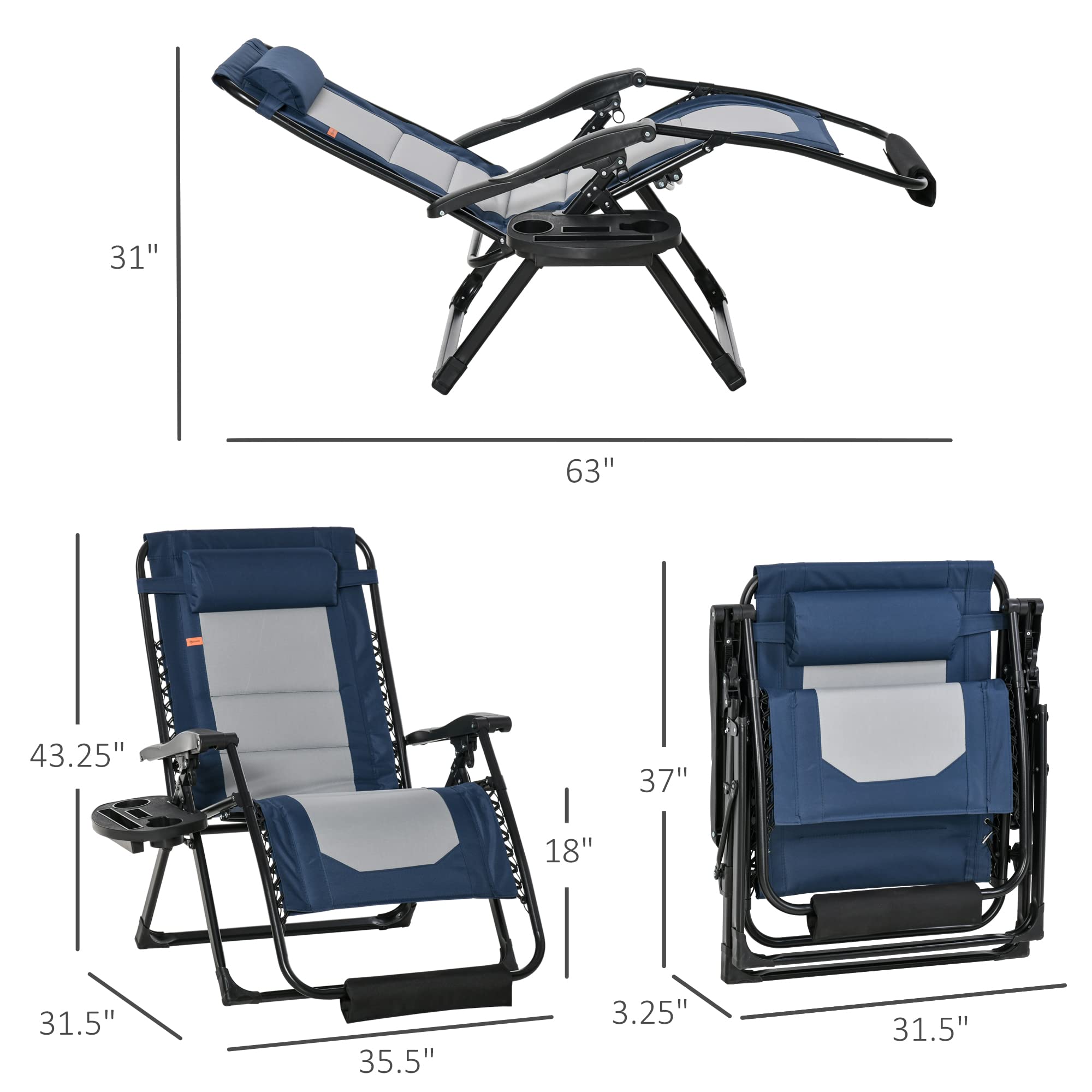 Outsunny Oversized Zero Gravity Lounge Chair with Footrest & Headrest - Foldable Outdoor Recliner with Side Tray, Cup Holders & Padded Armrests - Perfect for Camping, Backyard, Patio, Beach & Pool Relaxation - Blue
