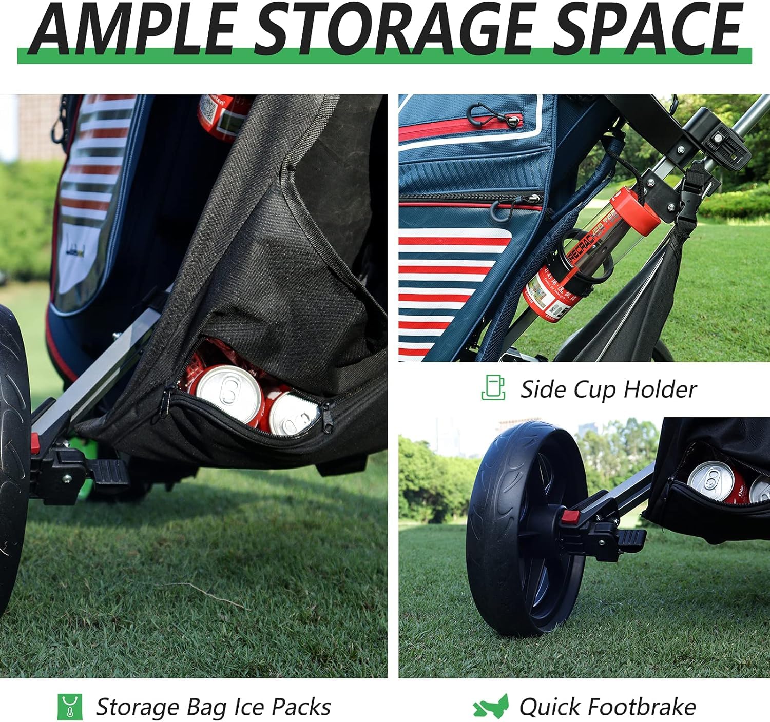 Lightweight & Easy Folding 3 Wheel Golf Push Cart with Phone Holder, Cup Holder, Scorecard & Ice Bag - Convenient Golf Accessories for Comfortable Play on the Course | Perfect for Golfers, Seniors & Beginners