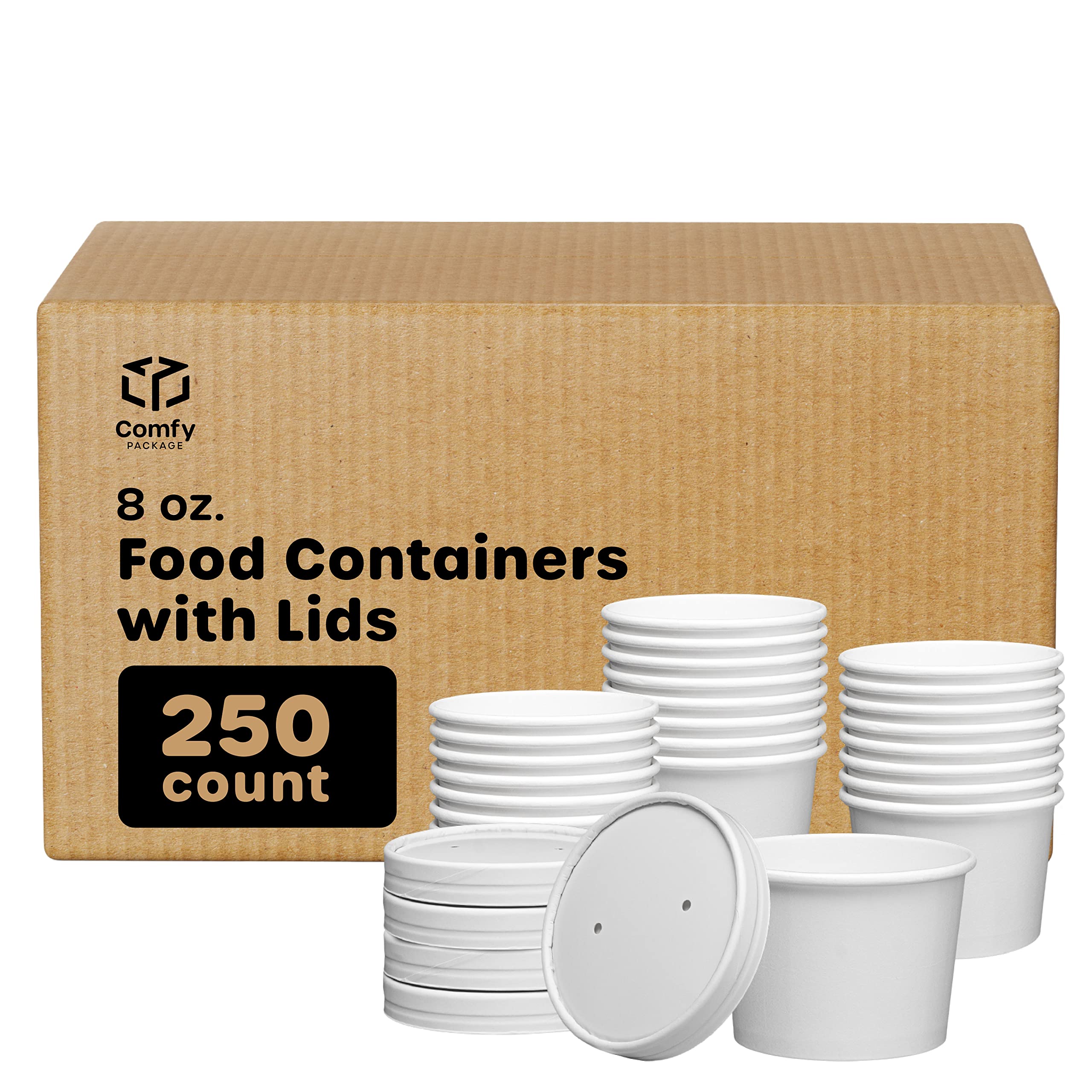 250-Pack 8 oz White Disposable Paper Food Containers with Vented Lids - Leak-Proof Soup Bowls & Ice Cream Cups for Takeout, Restaurants, Catering (Hot/Cold Foods) | Perfect for To-Go Meals, Party Serving & Food Storage