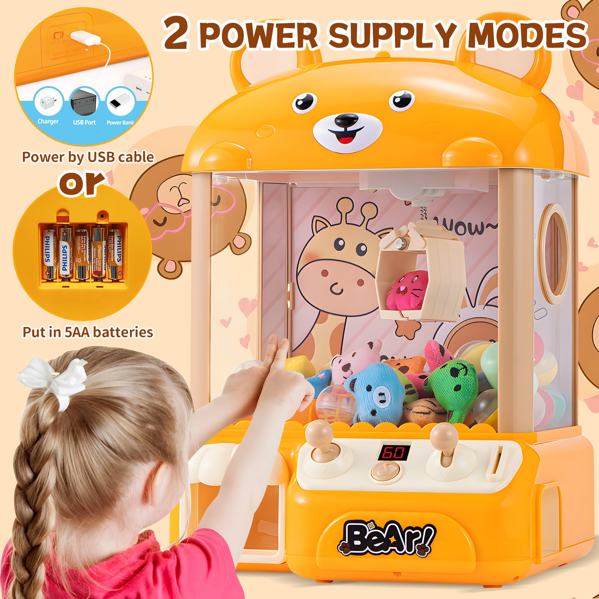 Mini Claw Machine for Kids - Electric Arcade Game Toy with LED Lights & Adjustable Sound | Fun Candy & Bear Vending Machine for Girls & Boys Ages 4+ | Perfect Birthday & Christmas Gift for Home Play & Party Games