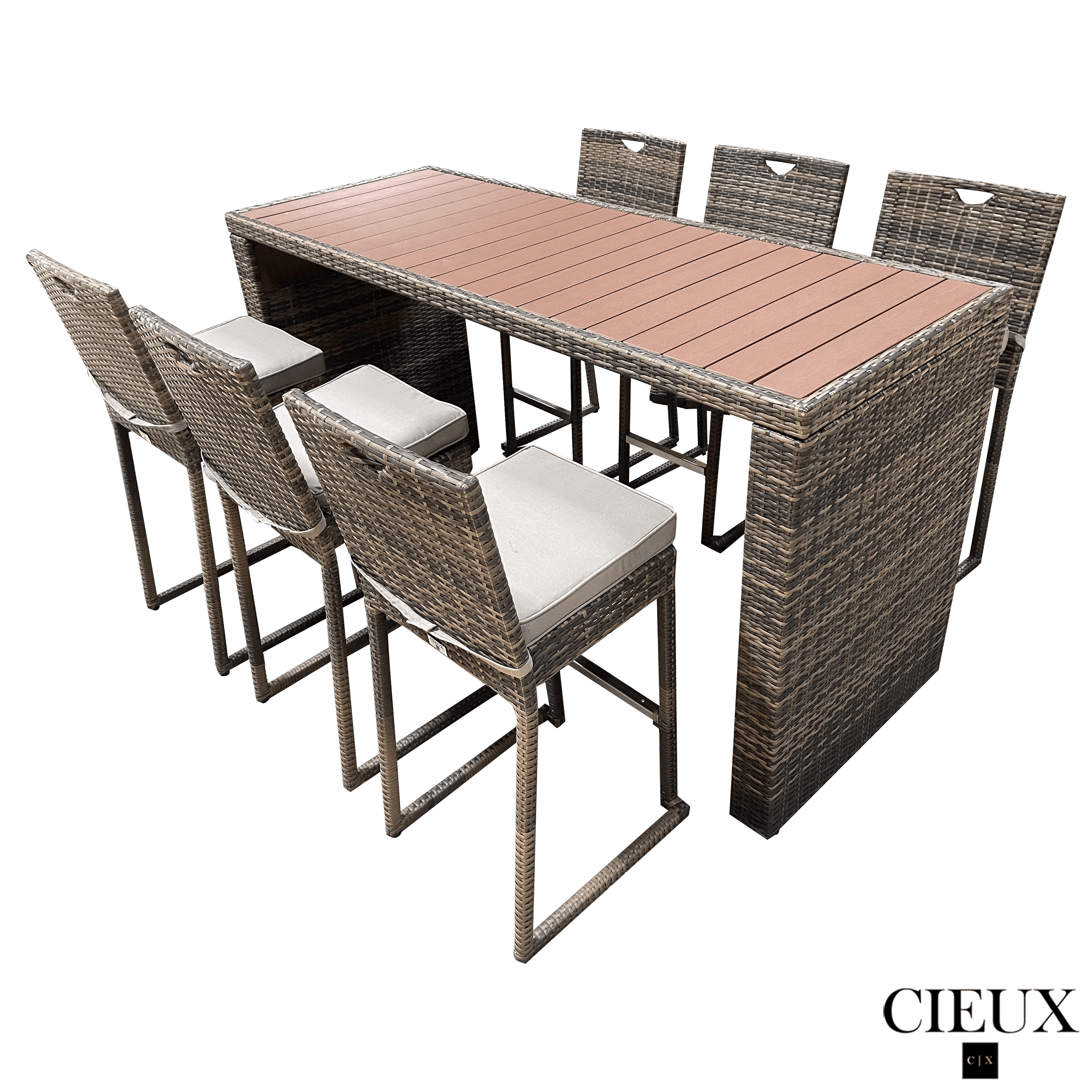 Brown Valence Outdoor Patio Wicker Bar Table and 6 Chairs Set with Sunbrella Canvas Taupe Cushions - Perfect for Backyard, Poolside, and Garden Entertaining