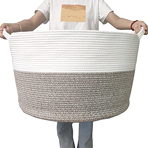 YNEXTRA Extra Large Cotton Rope Woven Basket - 22x14 Inch Storage Basket for Blankets, Laundry & Toys | XXXL Handled Basket for Home Organization | Safe Kids Room Storage & Decorative Gift for Women | Perfect for Nursery, Living Room & Bedroom