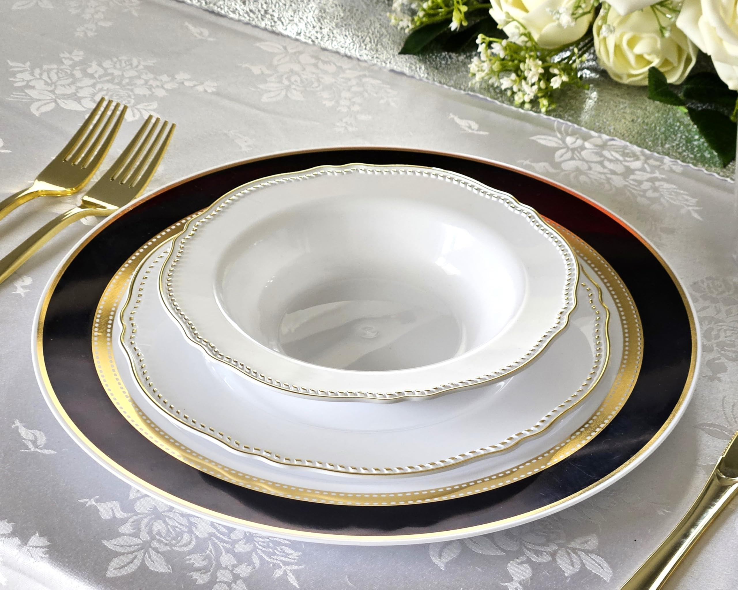 240-Pack Heavyweight Disposable Plastic Plates for Weddings & Parties - 10.5'' Elegant Ritz Black & Gold Dinner Plates - Perfect for Formal Events, Catering & Holiday Gatherings