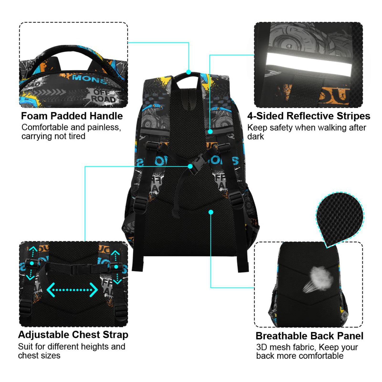 Monster Truck Backpack for Boys & Girls - Durable School Backpack for Kids, Elementary Bookbag, Travel Rucksack - Perfect for School, Hiking, and Daily Adventures