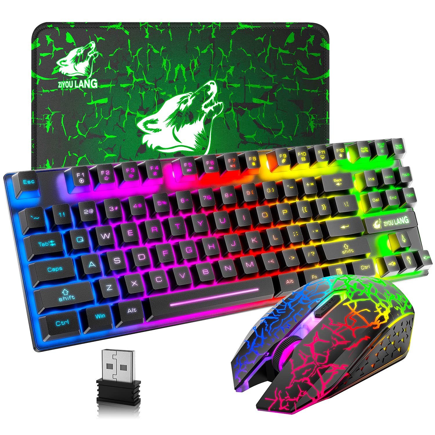 Wireless Keyboard and Mouse Set - 87 Key Rainbow LED Backlit, Rechargeable 3800mAh Battery, Mechanical Feel, RGB Mute Mouse for PC, Mac, Windows (Black) - Perfect for Gaming, Office Work, and Home Use