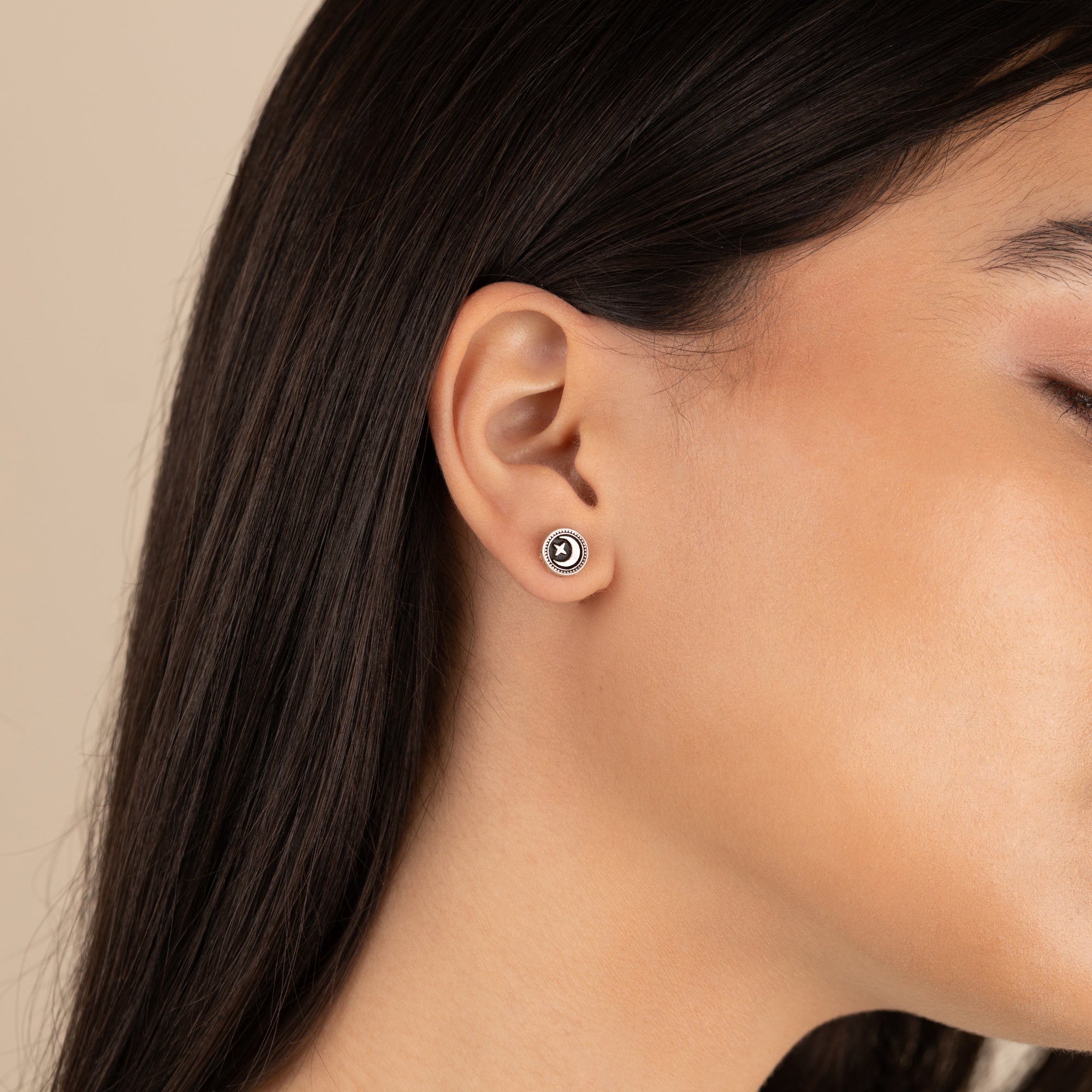 Crescent Moon Circle Stud Earrings for Women - Minimalist Silver Hoop Earrings for Everyday Wear - Perfect for Casual, Office & Date Night Outfits