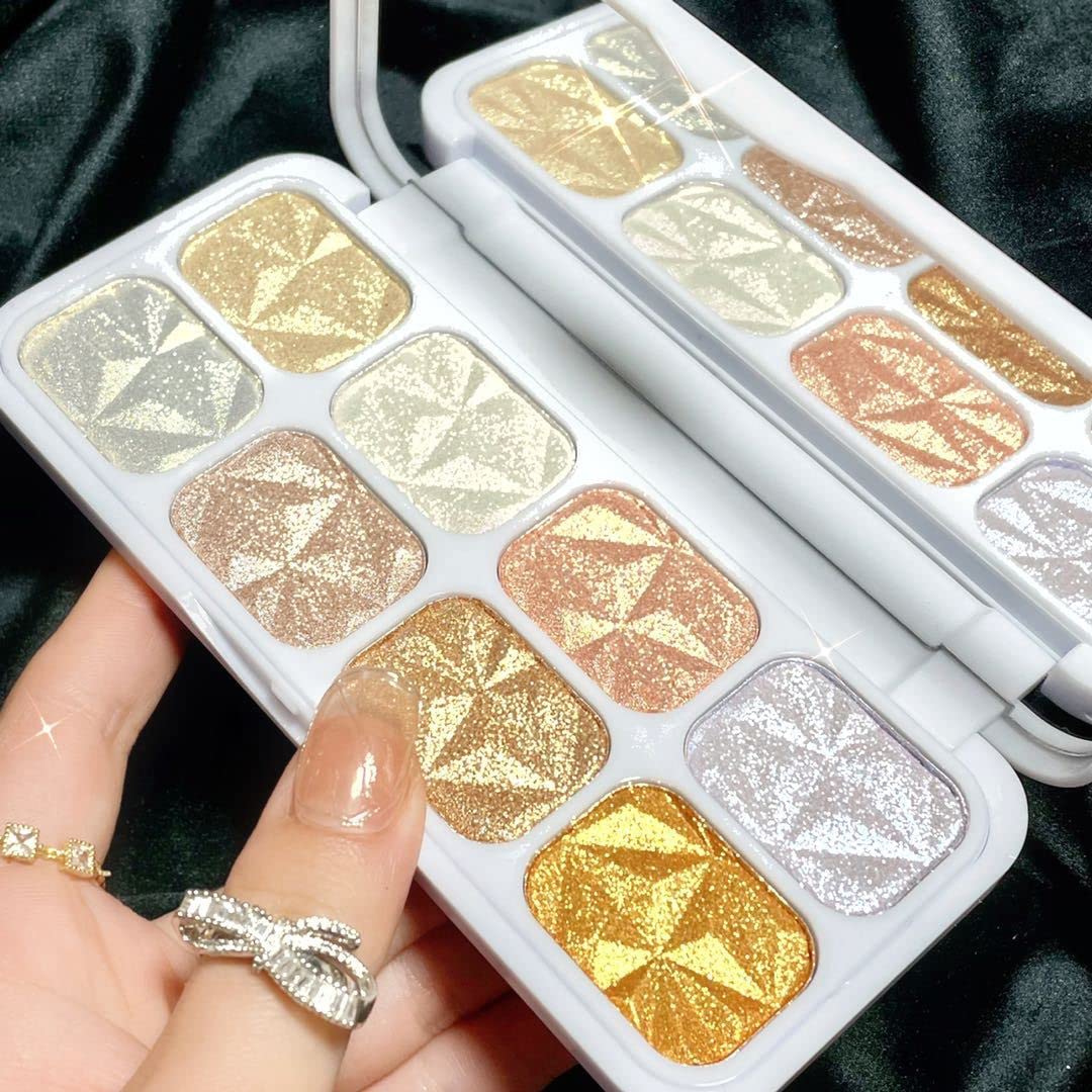 8 Colors Professional Highlighter Makeup Palette - Face Highlighters & Luminizers with Gold Cheek Diamond Shimmer Stick, Glitter Contour Bronzer | Perfect for Contouring, Highlighting & Glowing Makeup Looks for Parties, Photos & Special Occasions