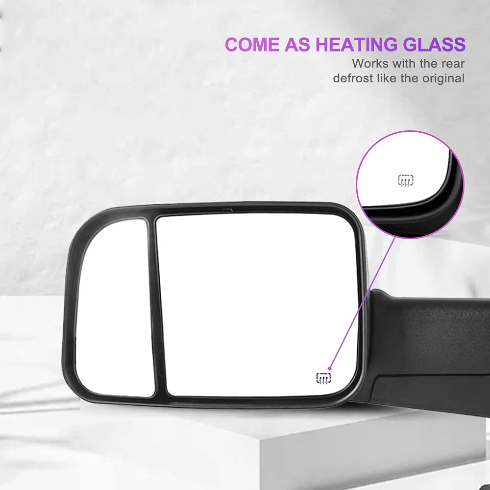INEEDUP Towing Mirrors for Dodge Ram 1500/2500/3500 (1998-2001) - Power Heated Side Mirrors with Black Housing - Perfect for Truck Towing & Off-Road Adventures