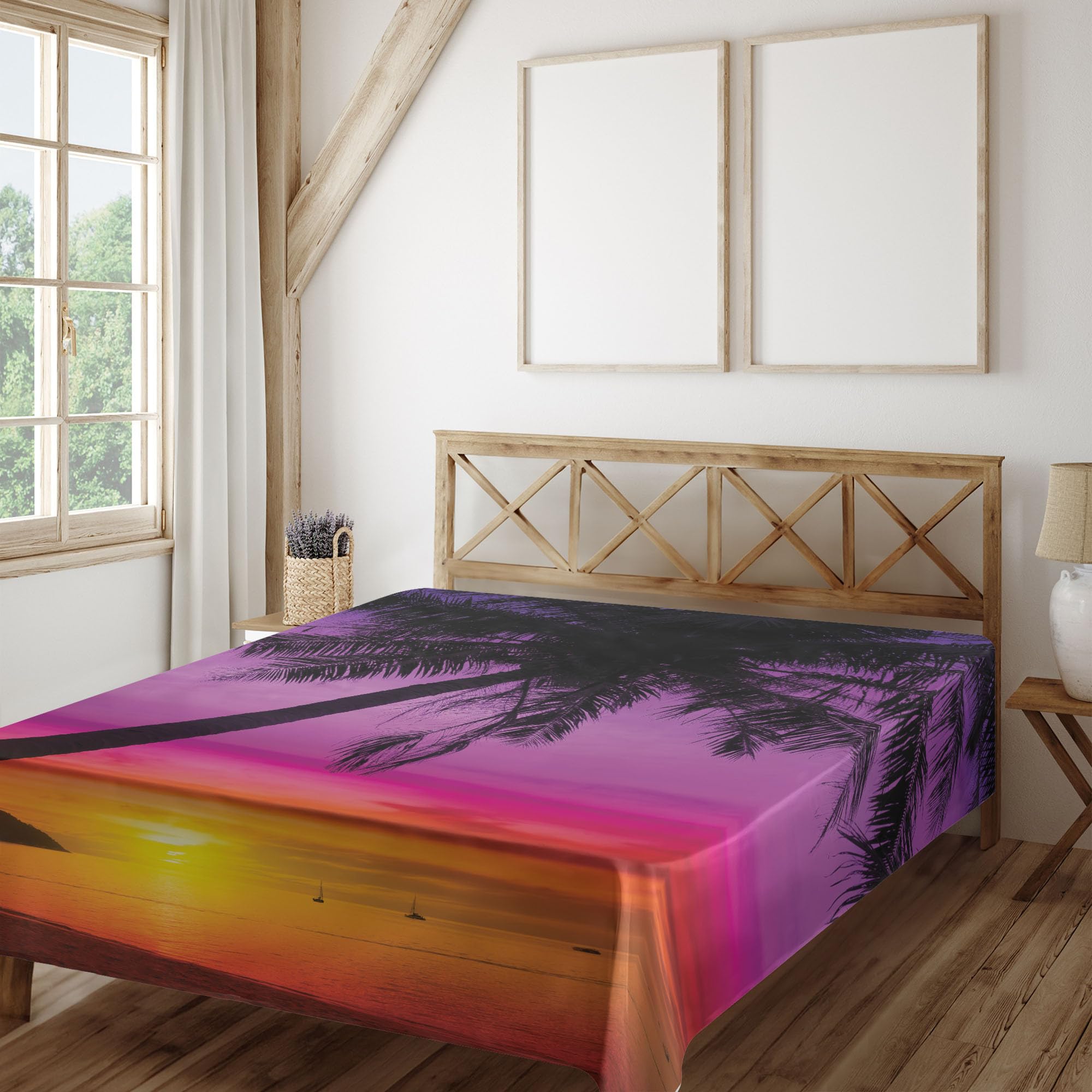 Ambesonne Tropical Flat Sheet - Palm Tree Silhouette Beach Sunset Design | Soft Full Size Decorative Bedding (Purple/Orange/Black) | Perfect for Summer Bedroom Decor & Coastal Themed Guest Rooms