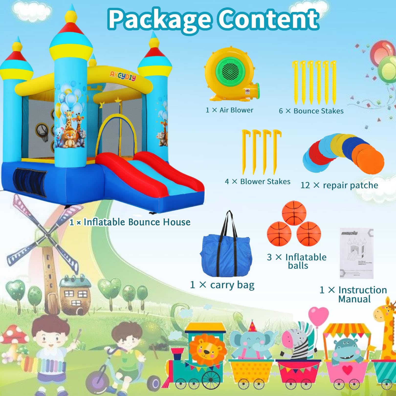 AKEYDIY Inflatable Bounce House for Kids Ages 3-8 - Tropical Jungle Themed Outdoor/Indoor Bouncy Castle with Slide, Jumping Area & Ball Toss Game - Includes Blower - Perfect for Birthday Parties, Backyard Play & Family Gatherings