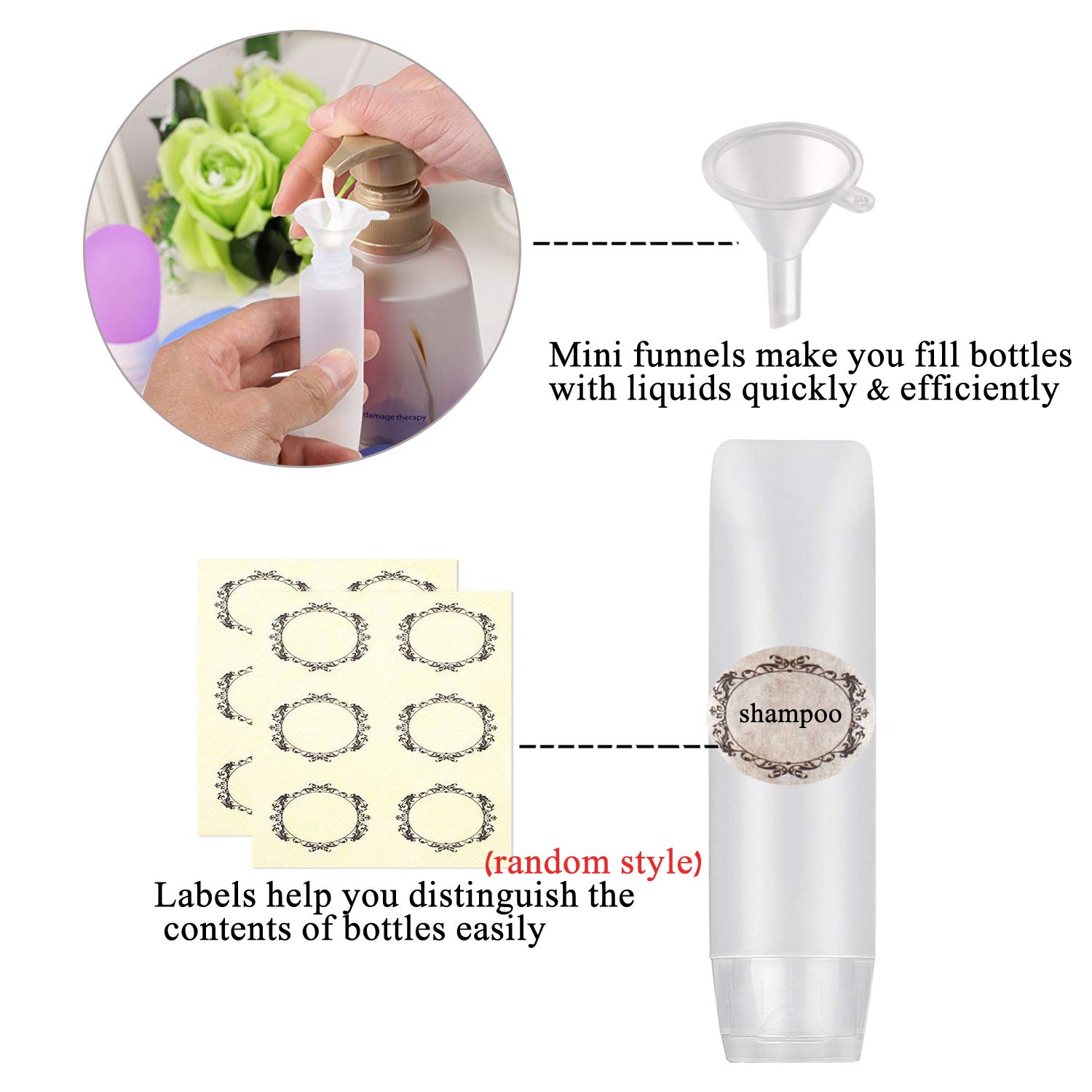 Yalbdopo 6-Pack 50ml Clear Plastic Travel Bottles - Empty Refillable Cosmetic Containers with Flip Top Lids for Shampoo, Conditioner, Lotion & Toiletries | Includes Funnels & Labels | Perfect for Air Travel, Gym Bag & Vacation Essentials