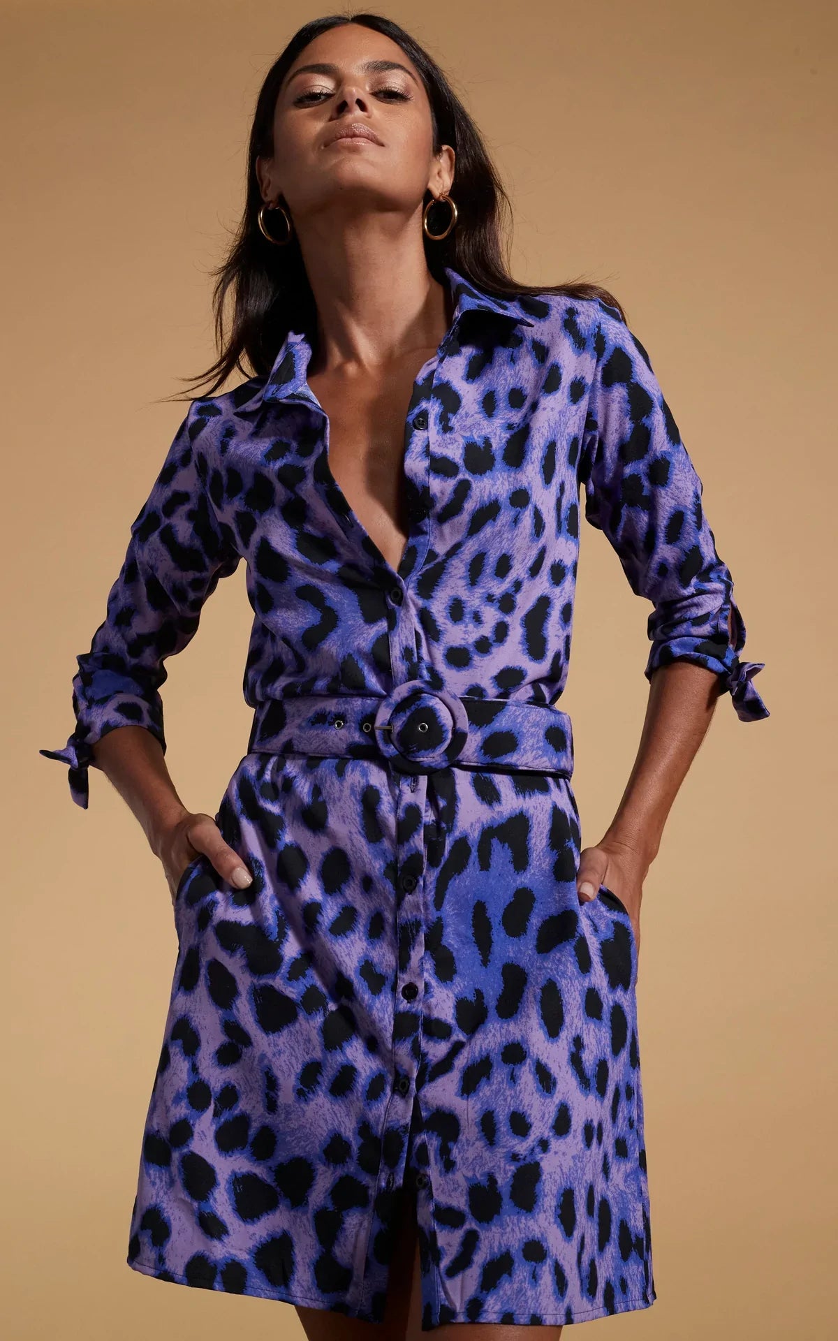 Jonah Mini Shirt Dress - Women's Floral Print Short Sleeve Casual Dress (Lilac Leopard) for Summer Outfits, Date Night & Vacation Wear