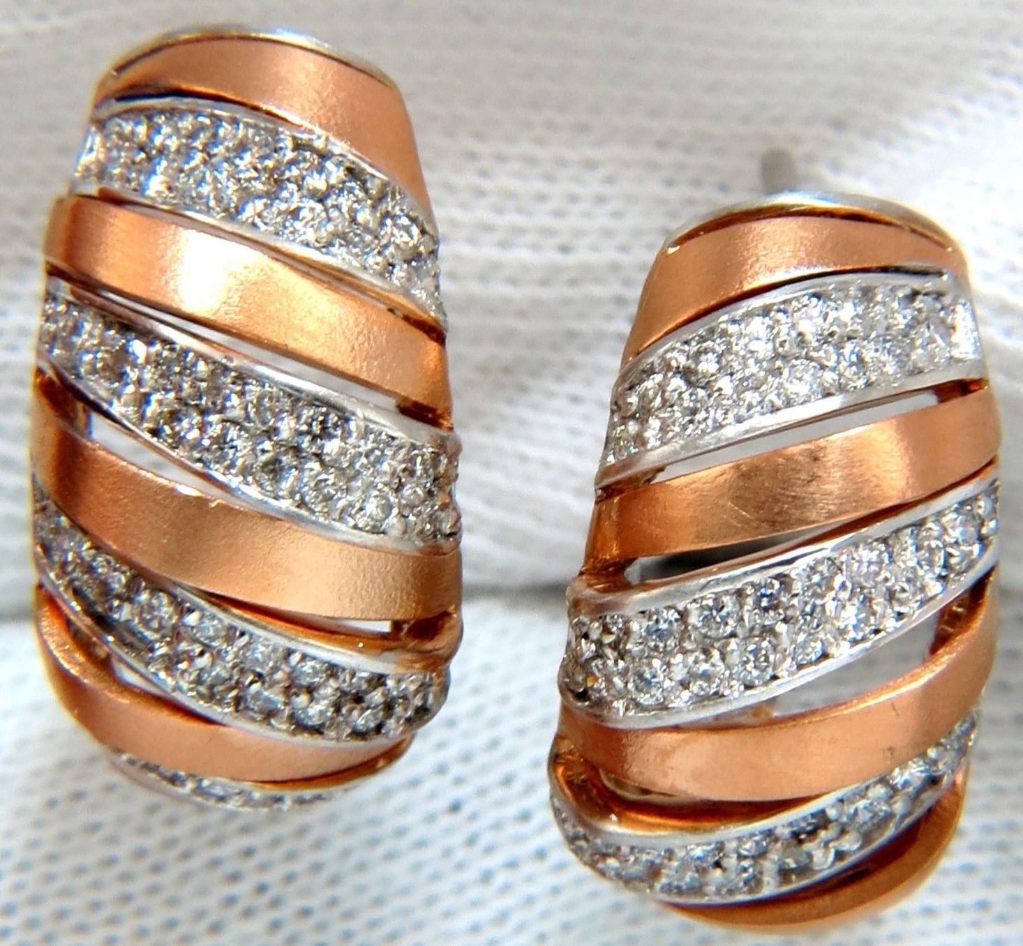 1.00CT Natural Diamonds Hoop Earrings 14K Rose Gold G/VS 3D Slant Striped Design - Perfect for Weddings, Parties & Everyday Elegance