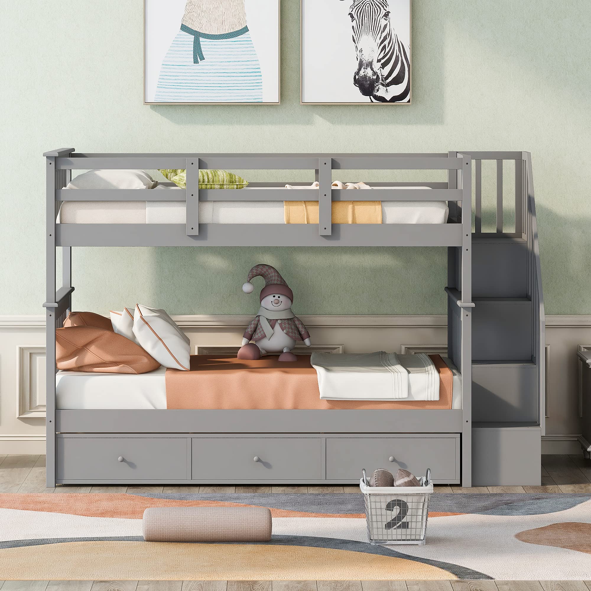 Twin Over Twin Bunk Bed with Storage Drawers & Stairs - Grey for Kids' Bedroom