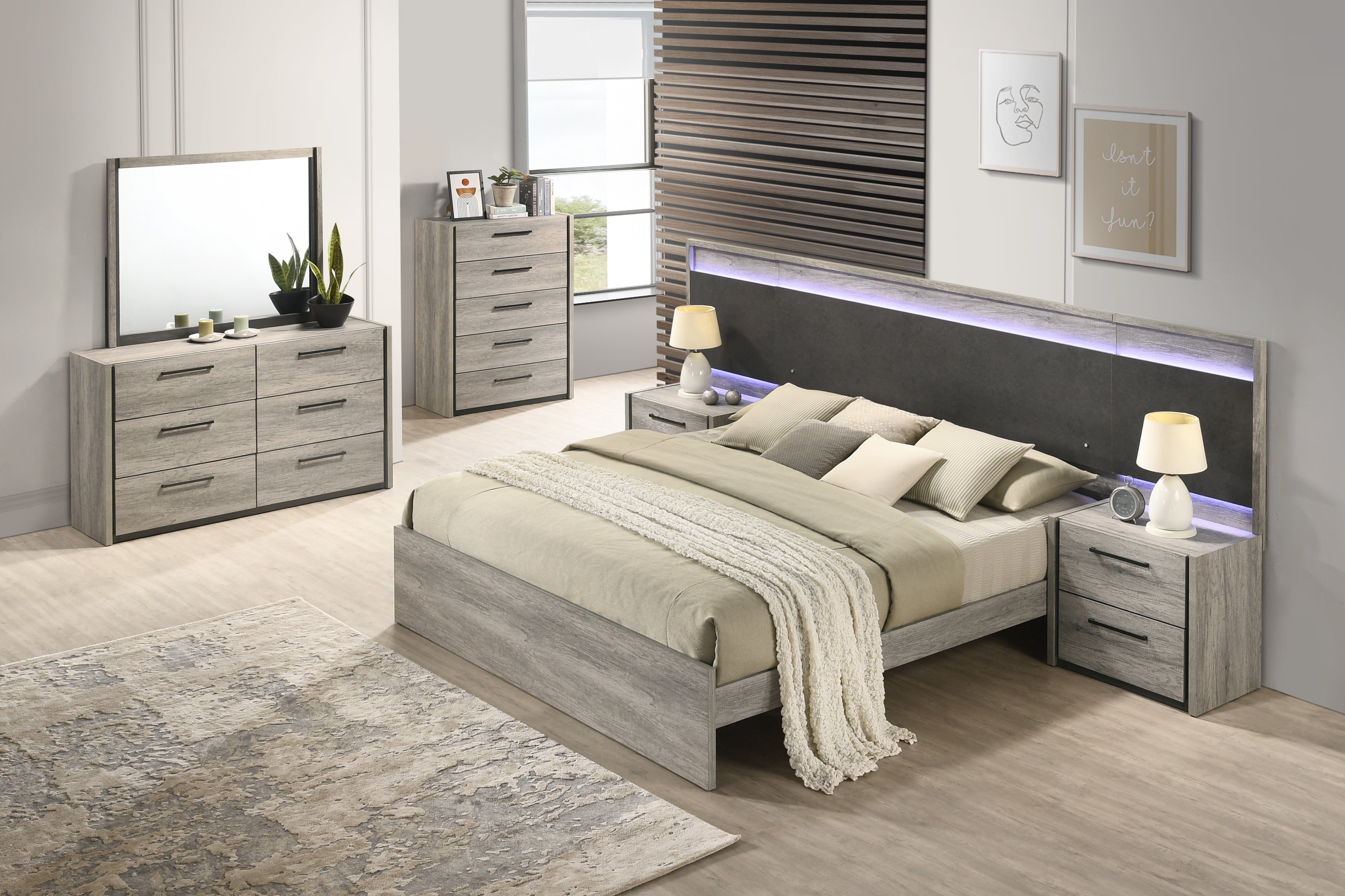 Roundhill Furniture Lenca LED Wallbed Collection - Weathered Gray Queen Size Space-Saving Murphy Bed with Built-In Lighting | Perfect for Small Apartments, Guest Rooms & Studio Living