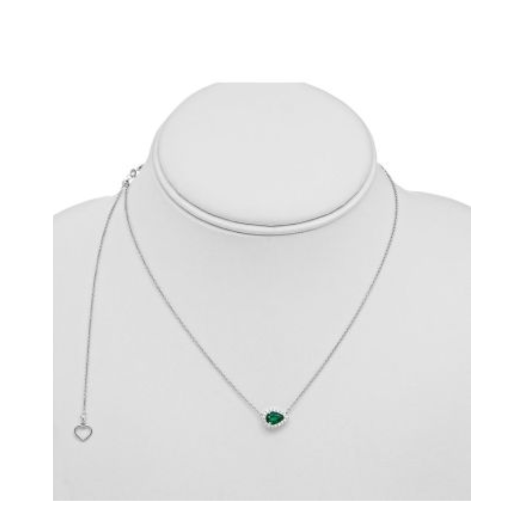 14K White Gold 0.14ctw Diamond & Pear Emerald Halo Sideways Pendant Necklace - Perfect for Anniversary Gifts & Special Occasions