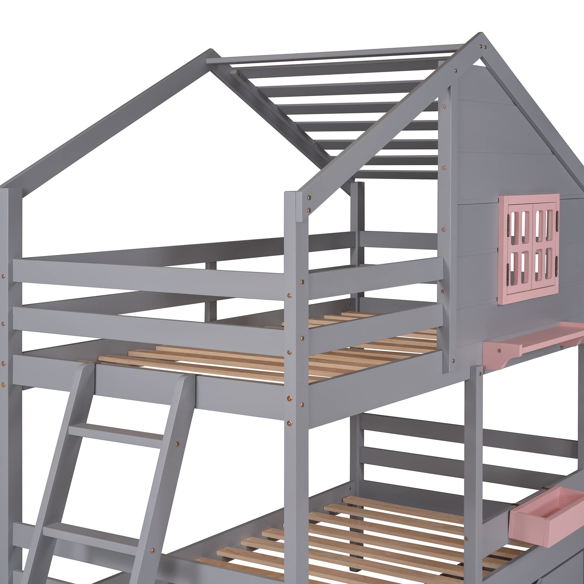 House Style Twin Over Twin Bunk Bed with Storage - No Box Spring Needed, Includes 2 Drawers, 1 Storage Box & Shelf - Gray Loft Bed for Teens, Kids, Boys or Girls - Perfect for Small Bedrooms, Dorm Rooms & Space-Saving Kids' Rooms