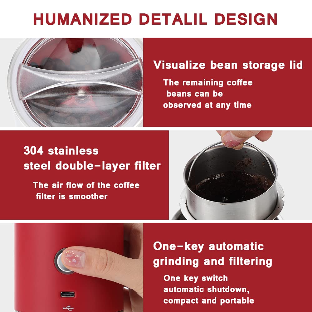 Premium Portable Electric Conical Burr Coffee Grinder - USB Rechargeable Stainless Steel Spice & Bean Grinder with 15 Adjustable Settings (Red) - Perfect for Home, Office & Travel Coffee Brewing