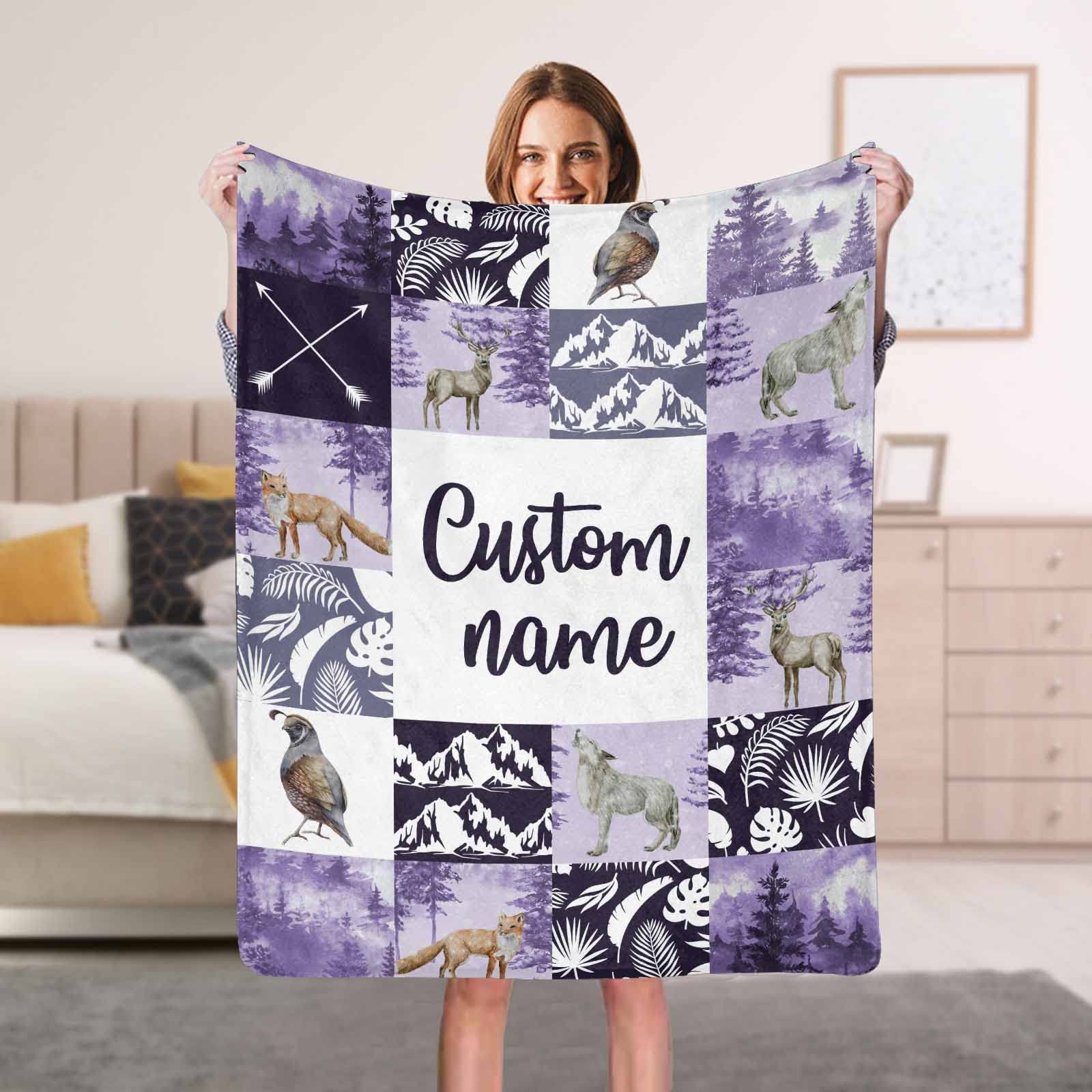 Custom Personalized Baby Blanket with Name - Woodland Deer Fox Wolf Design in Purple - Super Soft Fleece Blanket for Newborns, Girls & Boys - Perfect Baby Shower Gift & Nursery Essential