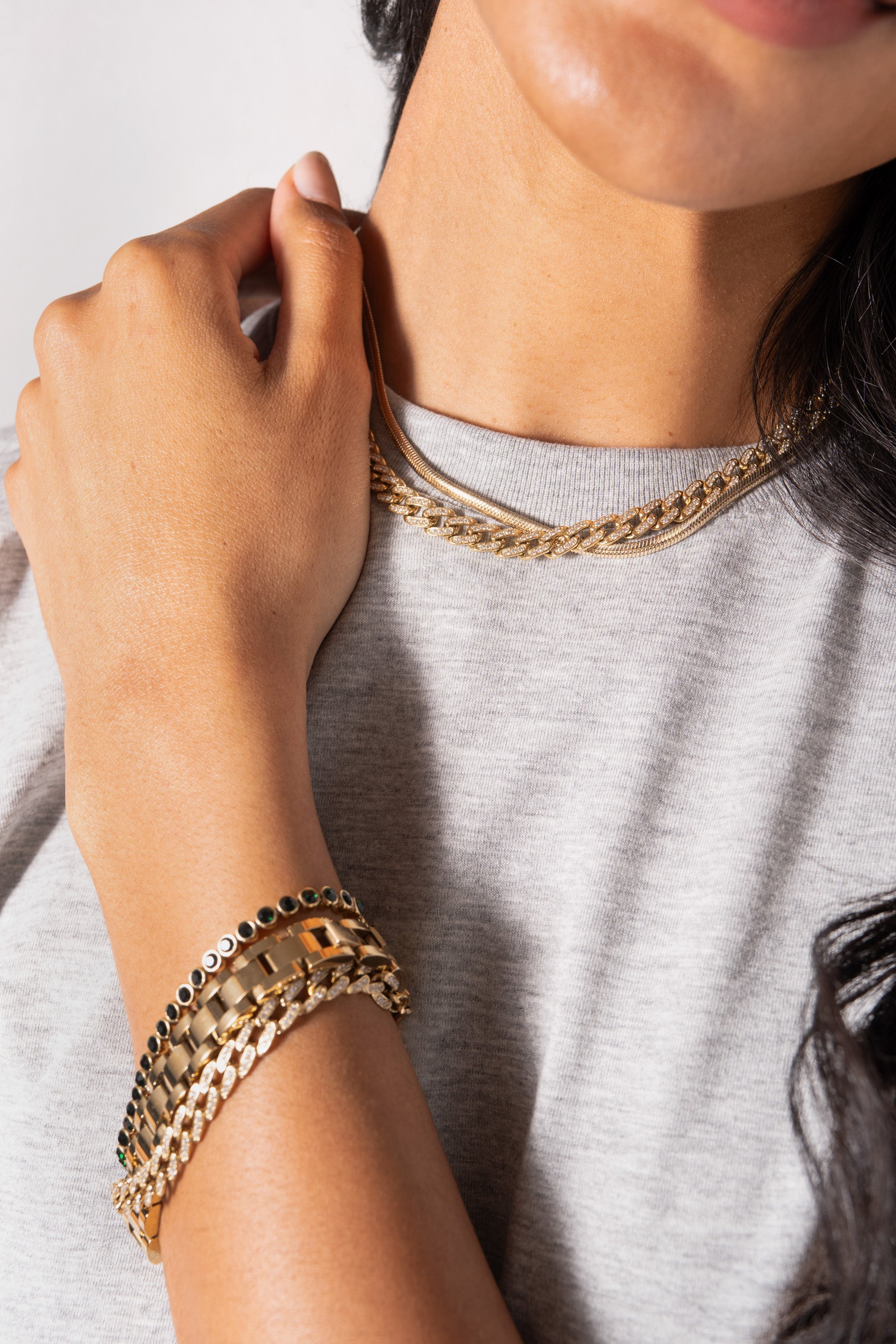 Sparkling Crystal Pave Curb Chain Necklace for Women - Elegant Layered Gold Plated Jewelry for Party, Wedding & Everyday Wear