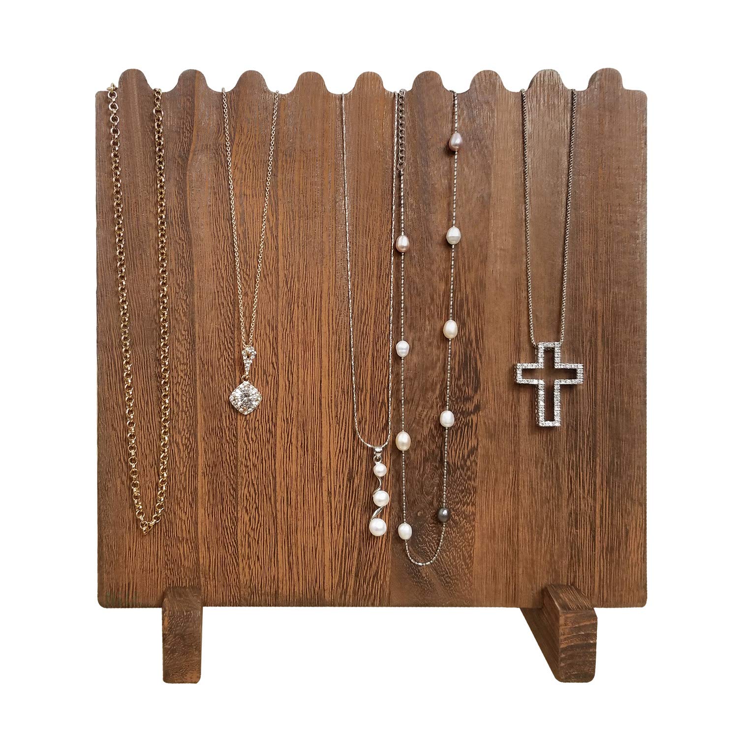 MOOCA 8-Slot Wooden Necklace Stand - Portable Jewelry Display Organizer for Necklaces, Bracelets & Rings - Compact Jewelry Storage Holder for Travel, Home, or Boutique - Brown Wood Plank Design