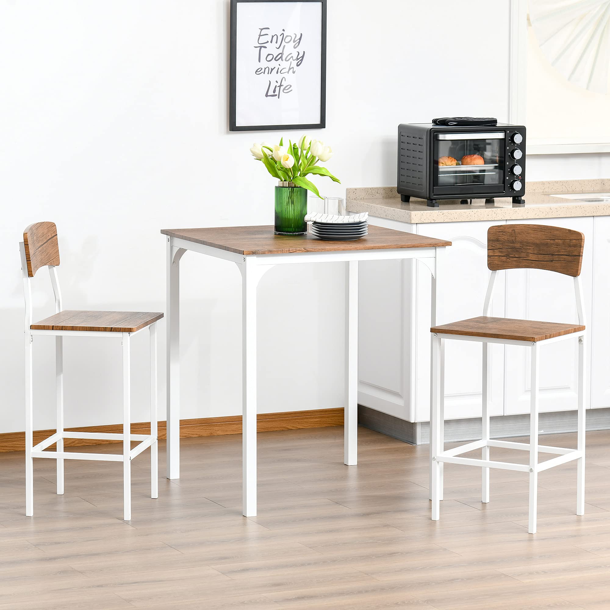 HOMCOM 3-Piece Counter Height Bar Table and Chairs Set, Industrial Style Small Dining Table Set for 2, Square Kitchen Table with Stools, Steel Frame in Walnut & White - Perfect for Small Spaces, Breakfast Nooks, and Modern Apartments