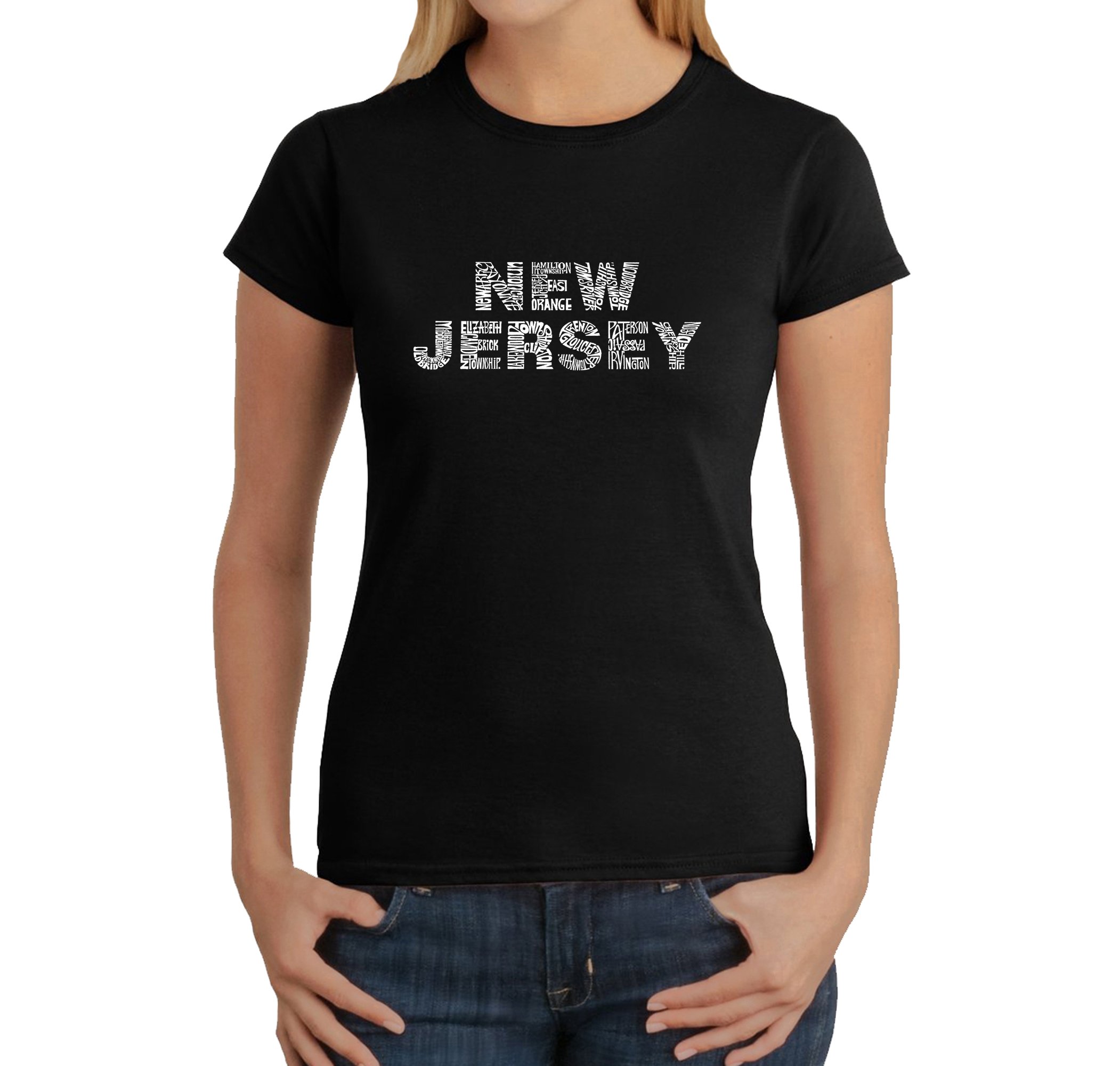 LA POP ART Women's Word Art T-Shirt - New Jersey Neighborhoods Graphic Tee | Funny Casual Streetwear Top for Everyday Wear & Jersey Pride
