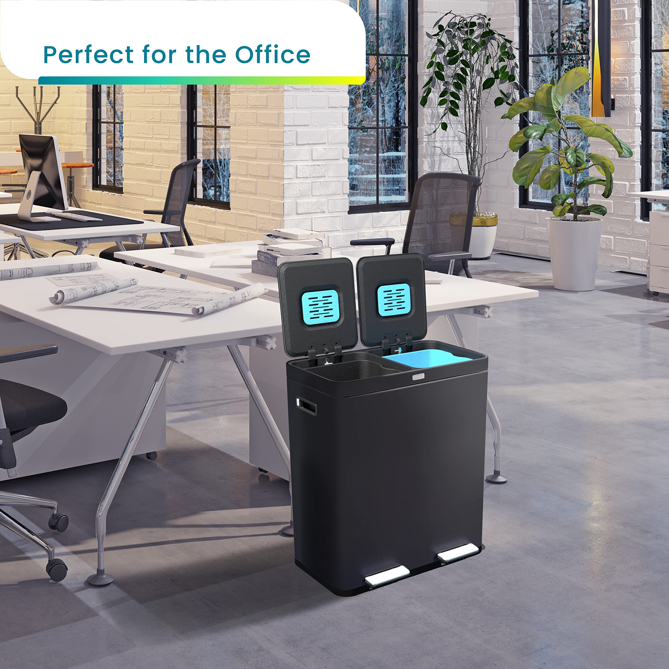 15.8 Gallon Stainless Steel Kitchen Trash Can with Odor Control - Dual Removable Liners for Recycling & Waste - Matte Black Home Trash Bin for Kitchen, Office & Bathroom - Home Zone Living CleanAura Series