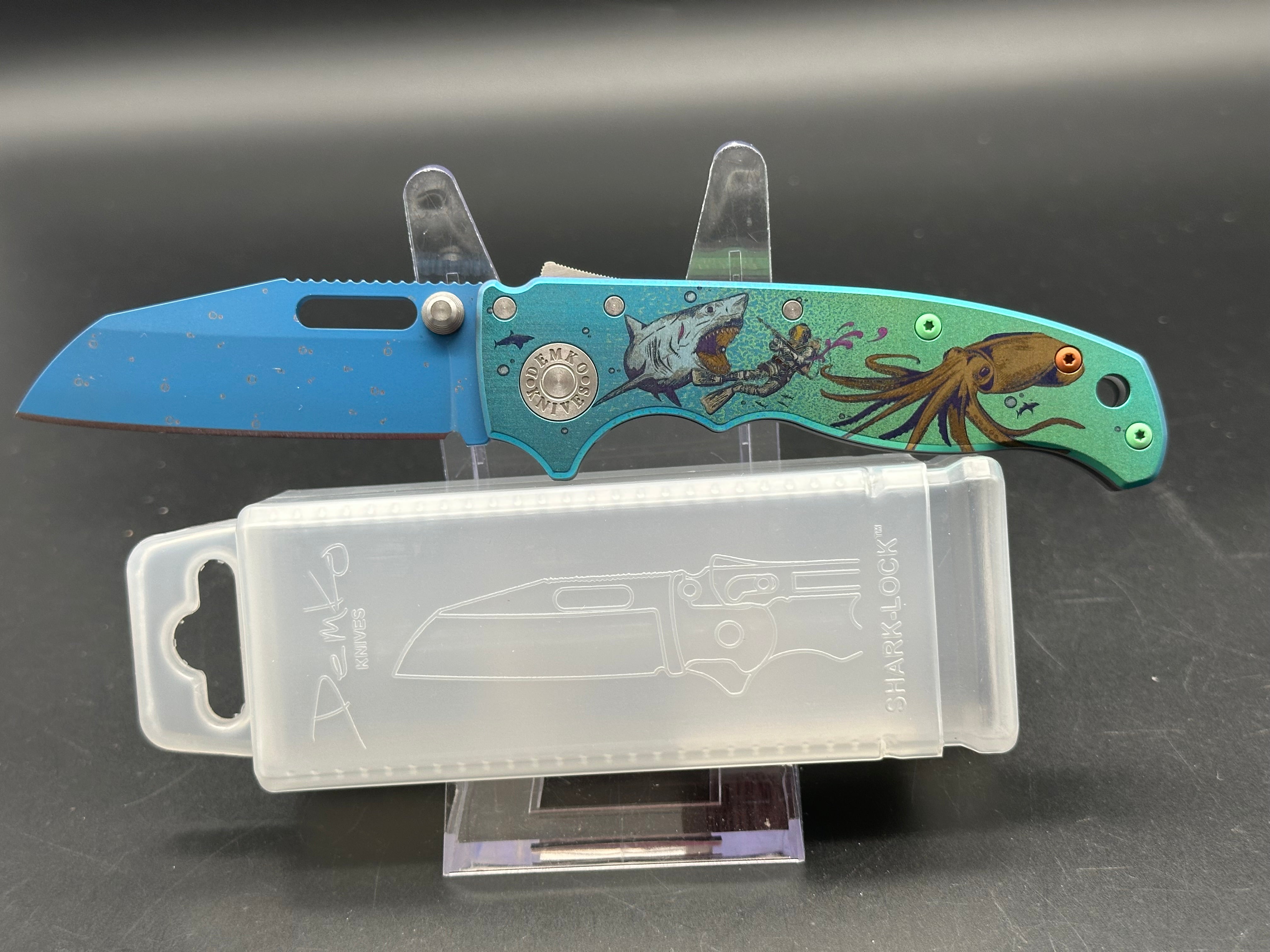 Demko AD20.5 Shark Lock Folding Knife - Custom Anodized Titanium Handle with Blue Cerakote Coating | EDC Pocket Knife for Outdoor Camping, Hiking & Everyday Carry