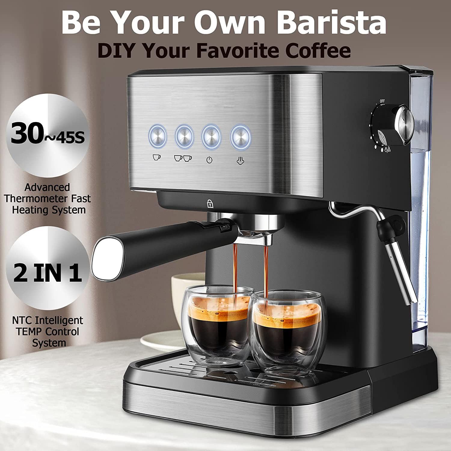 Professional Espresso Machine with Milk Frother - 50oz Removable Water Tank for Cappuccino & Latte - Perfect Gift for Coffee Lovers, Dad & Mom - Ideal for Home, Office & Coffee Shops