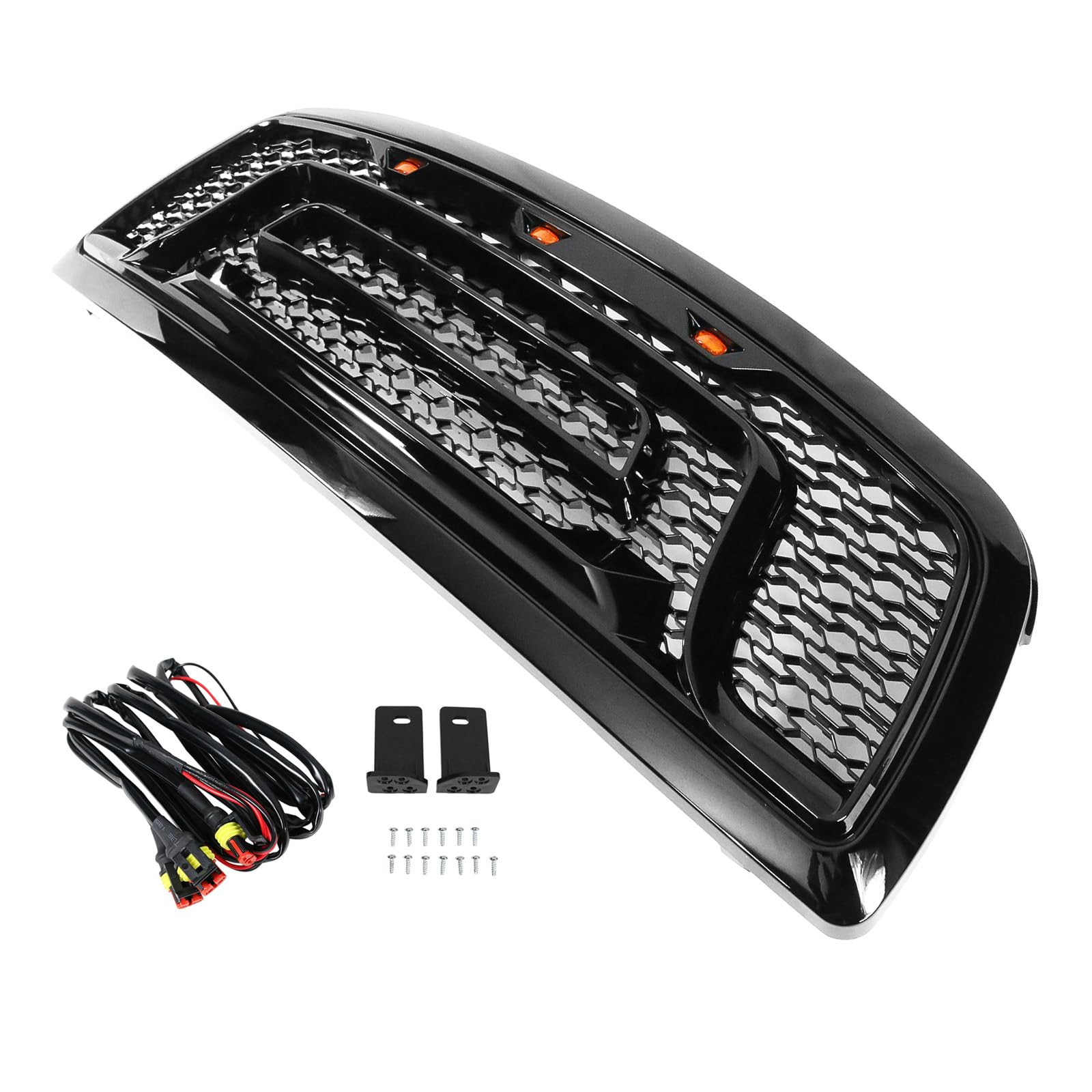 IKON MOTORSPORTS Gloss Black Mesh Grille for 2009-2012 Ram 1500 - Upper Front Bumper Hood Grill Shell with LED Signal Lights | Perfect for Off-Roading & Truck Customization
