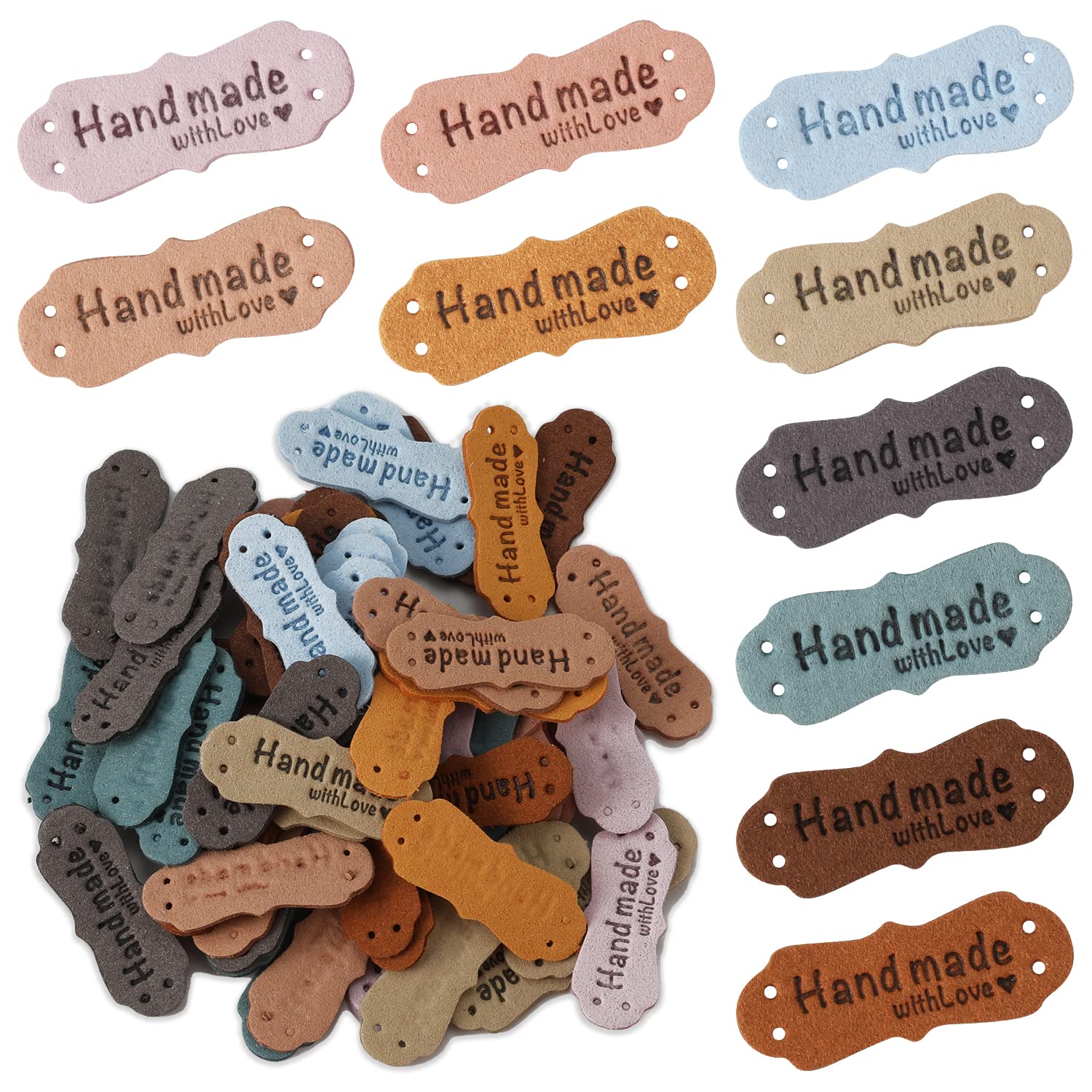 60 Pcs Handmade Leather Labels with Love Hearts - Colorful Crochet Tags for Crafts, Fabric, Hats, Purses & Clothing - 10 Vibrant Colors - Perfect for DIY Projects, Gift Wrapping & Handmade Accessories