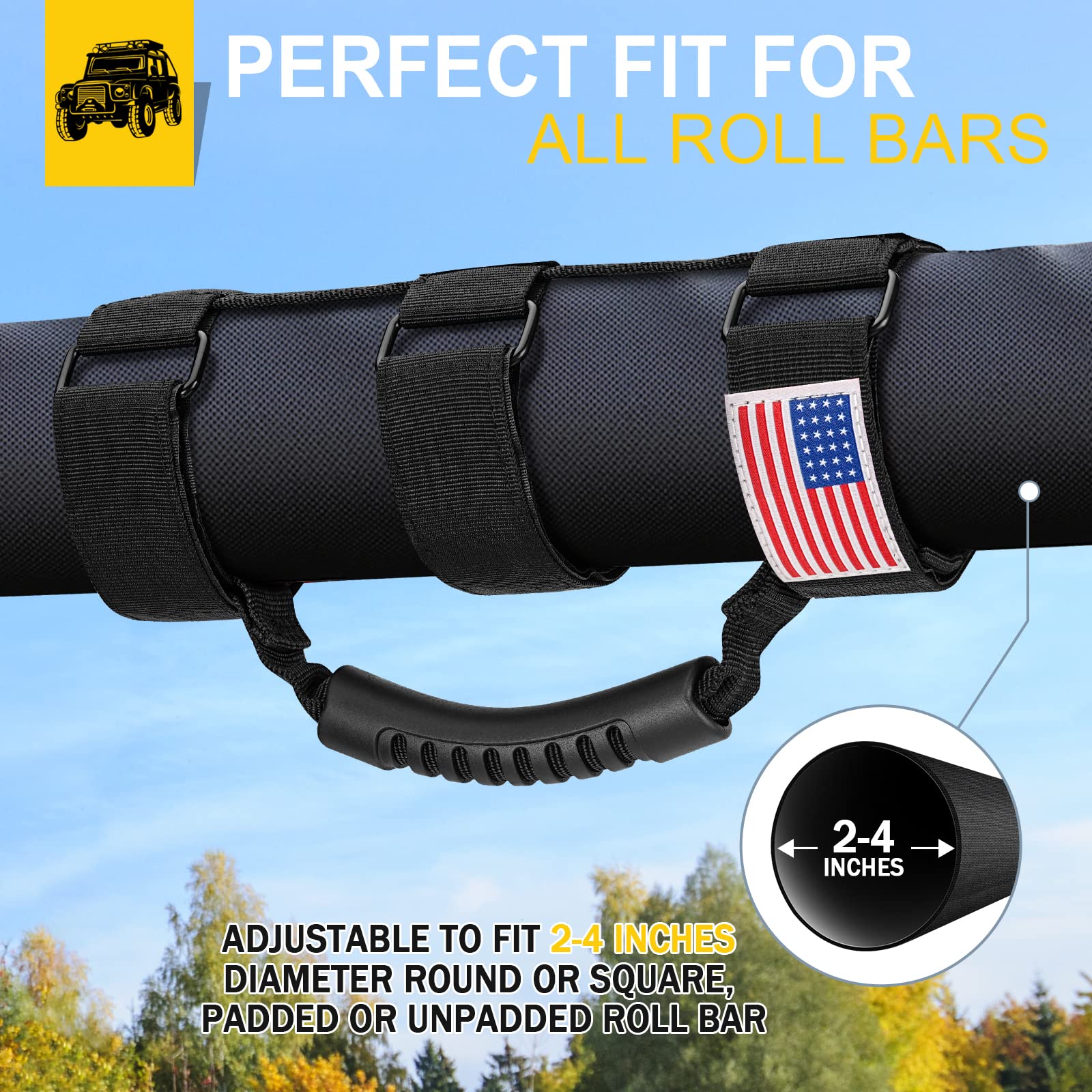 US Flag Roll Bar Grab Handles for 1955-2023 Jeep Wrangler JL JK TJ YJ & Gladiator - Heavy Duty Metal Buckle Off-Road Accessories - Perfect for Adventure & Trail Riding