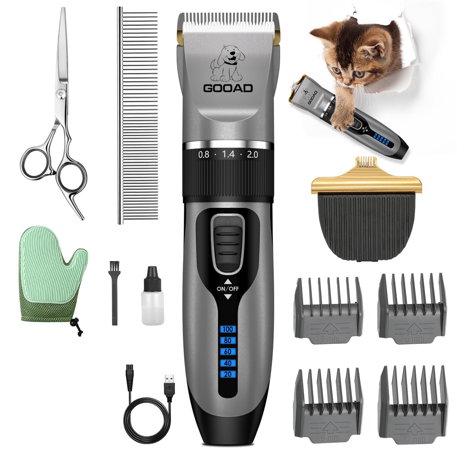 Professional Cordless Cat Grooming Clippers Kit - Low Noise Pet Hair Trimmer for Thick Coats, Quiet Cat & Dog Shaver with Rechargeable Battery - Perfect for Home Grooming, Shedding Control, and Professional Pet Styling (Gray)