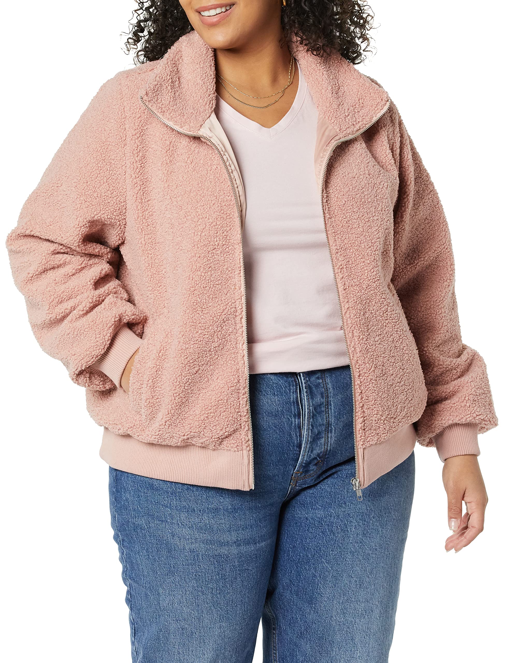 Amazon Essentials Women's Teddy Faux Shearling Funnel Collar Jacket - Cozy Winter Outerwear for Casual Outings & Cold Weather Fashion