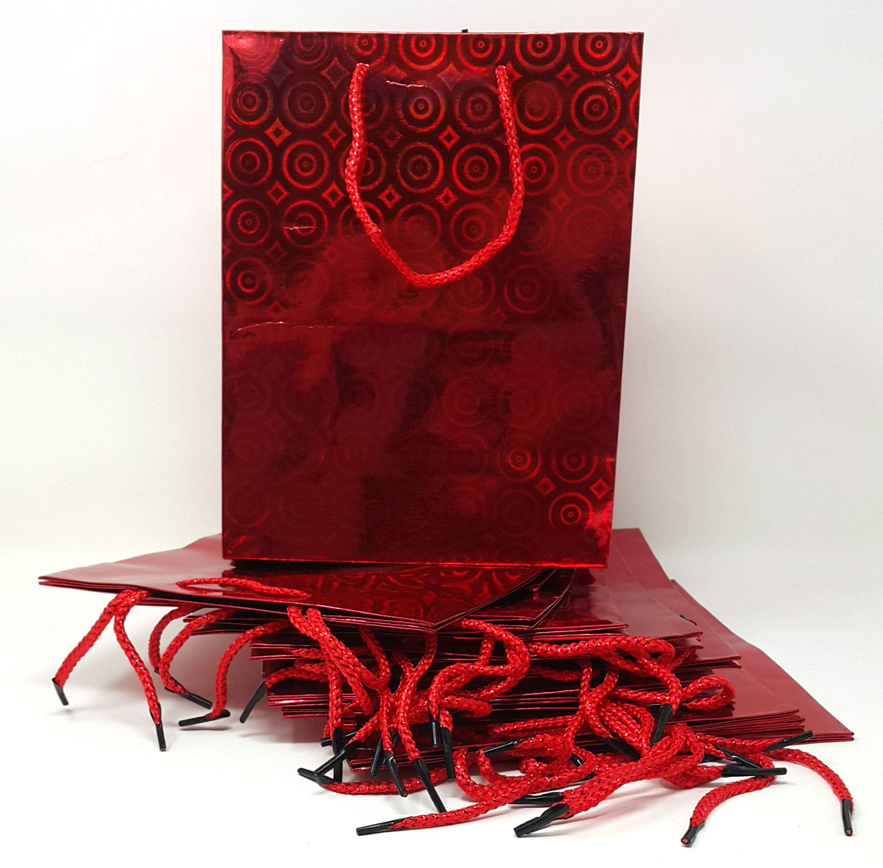 Style Design (TM) 12 Pack Holographic Gift Bags - Medium Size Party Favor Bags for Birthdays, Weddings & Holidays - Shimmering Red Gift Pouches - Perfect for Christmas Presents, Baby Showers & Corporate Events