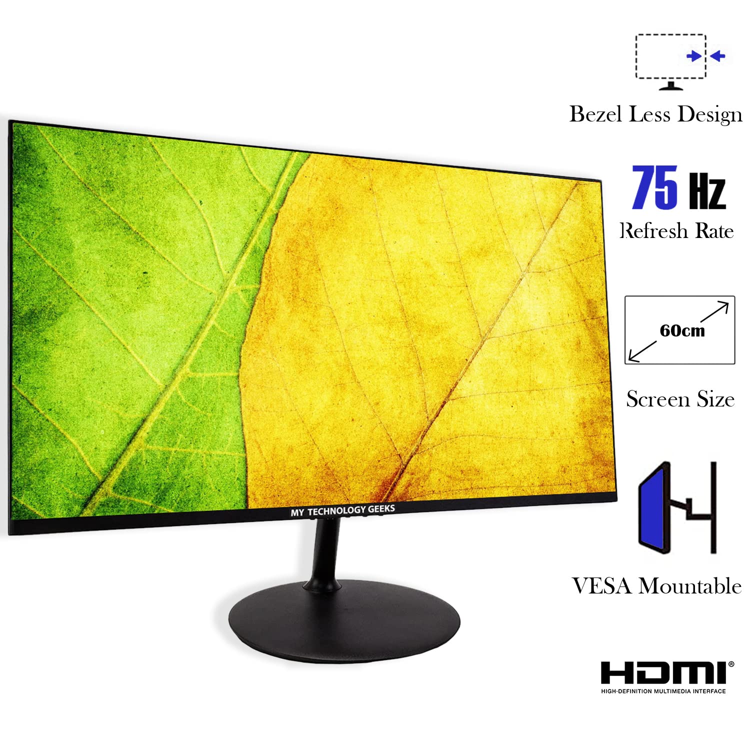 MTG 24-inch 1080p Full HD LED Computer Monitor - 75Hz Refresh Rate, 3ms Response Time, VESA Mountable, HDMI & VGA Ports, Ultra-Thin Bezel-Less Design with Built-in Speakers (Includes Wireless Keyboard & Mouse) - Perfect for Home Office, Gaming, and Multimedia Entertainment