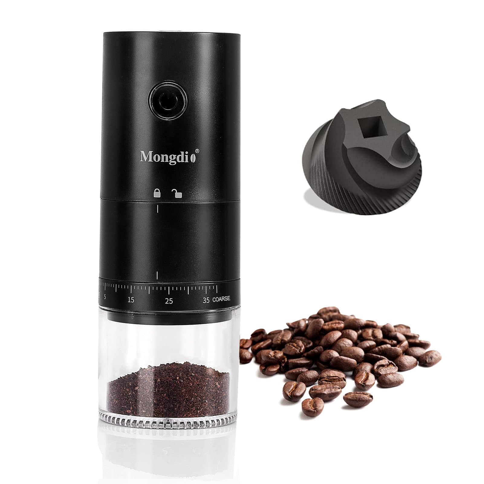 Mongdio Portable Electric Coffee Bean Grinder with 38 Adjustable Settings, Rechargeable Battery for Home & Travel Use - Perfect for Espresso, French Press, and Cold Brew - Black