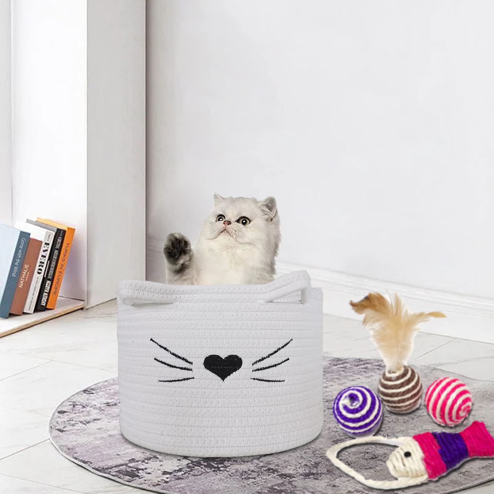 Small Woven Storage Basket with Handle - 10×10×7 Inch White Cotton Rope Basket for Nursery, Pet Toy Organizer, Home Decor | Perfect for Baby Rooms, Cat Dog Toys, and Living Room Organization
