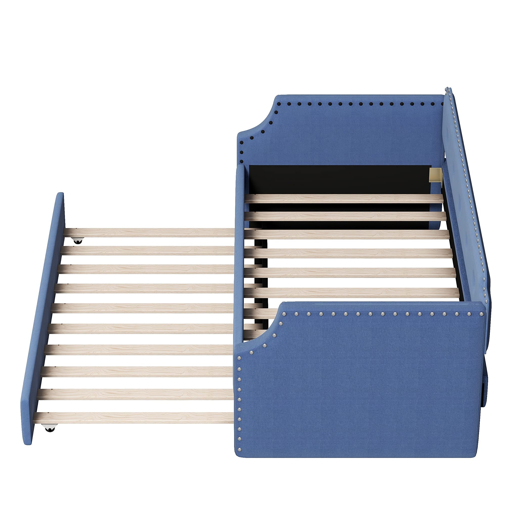 Twin Bed with Trundle - Upholstered Wood Daybed Twin Size, No Box Spring Needed (Blue) | Perfect for Guest Rooms, Kids' Rooms & Small Spaces