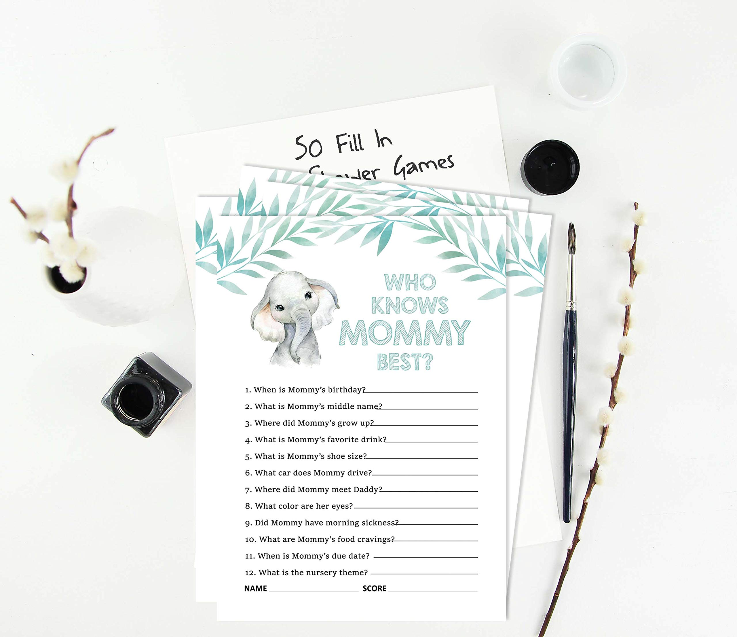 Gender Neutral Baby Shower Game Cards - Set of 50 Fun 'Who Knows Mommy Best' Activity Cards for Elephant Theme Parties | Perfect for Baby Showers, Gender Reveals & Family Game Nights