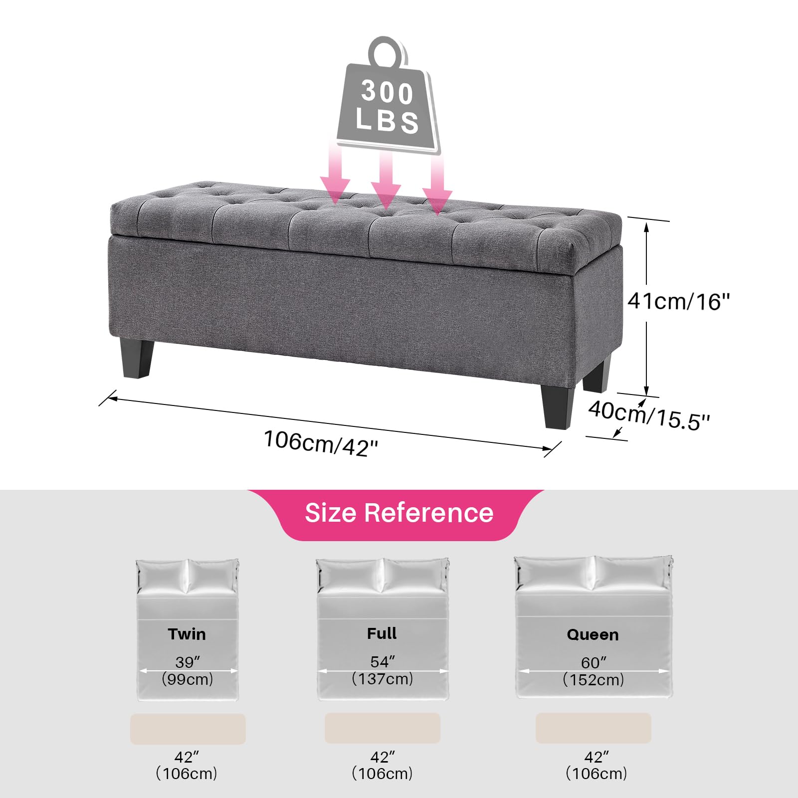 Redlife Storage Ottoman Bench with Solid Wood Legs - Button Tufted Fabric Storage Ottoman for Bedroom, Living Room & Entryway - 330 LBS Capacity with Safety Hinge - Perfect for Extra Seating, Blanket Storage & Shoe Organization (Gray)