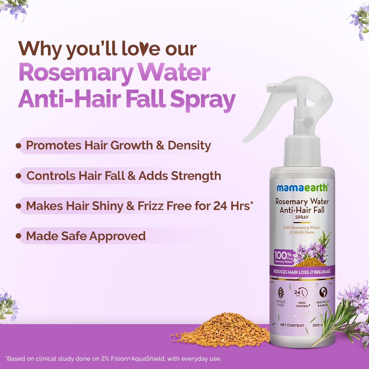 Mamaearth Rosemary Water Anti-Hair Fall Spray with 100% Pure Rosemary & Fenugreek Extract | Hair Growth Treatment for Stronger, Thicker Hair | 24-Hour Frizz Control & Shine | Folligen ANALupe & Fision Aquashield Technology | 200ml | Perfect for Daily Hair Care & Styling