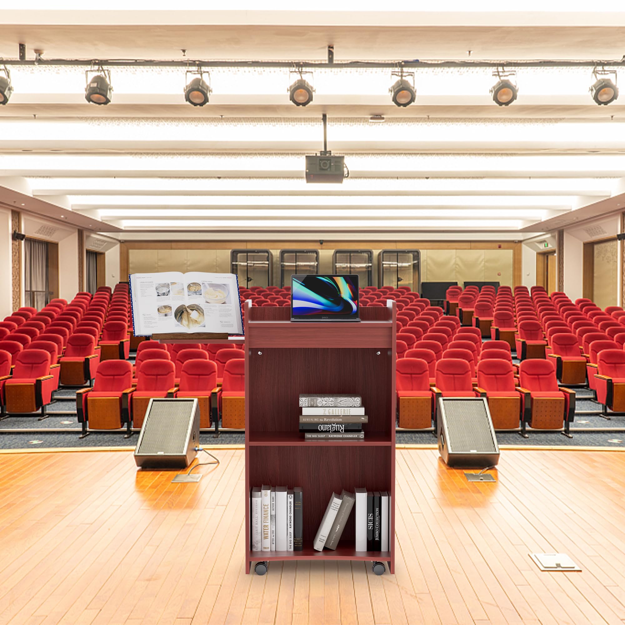 Portable Wood Podium Stand with Wheels & Slide-Out Shelf - Mobile Lectern for Church, Conference, Restaurant & Classroom - Perfect for Speeches, Events & Hosting