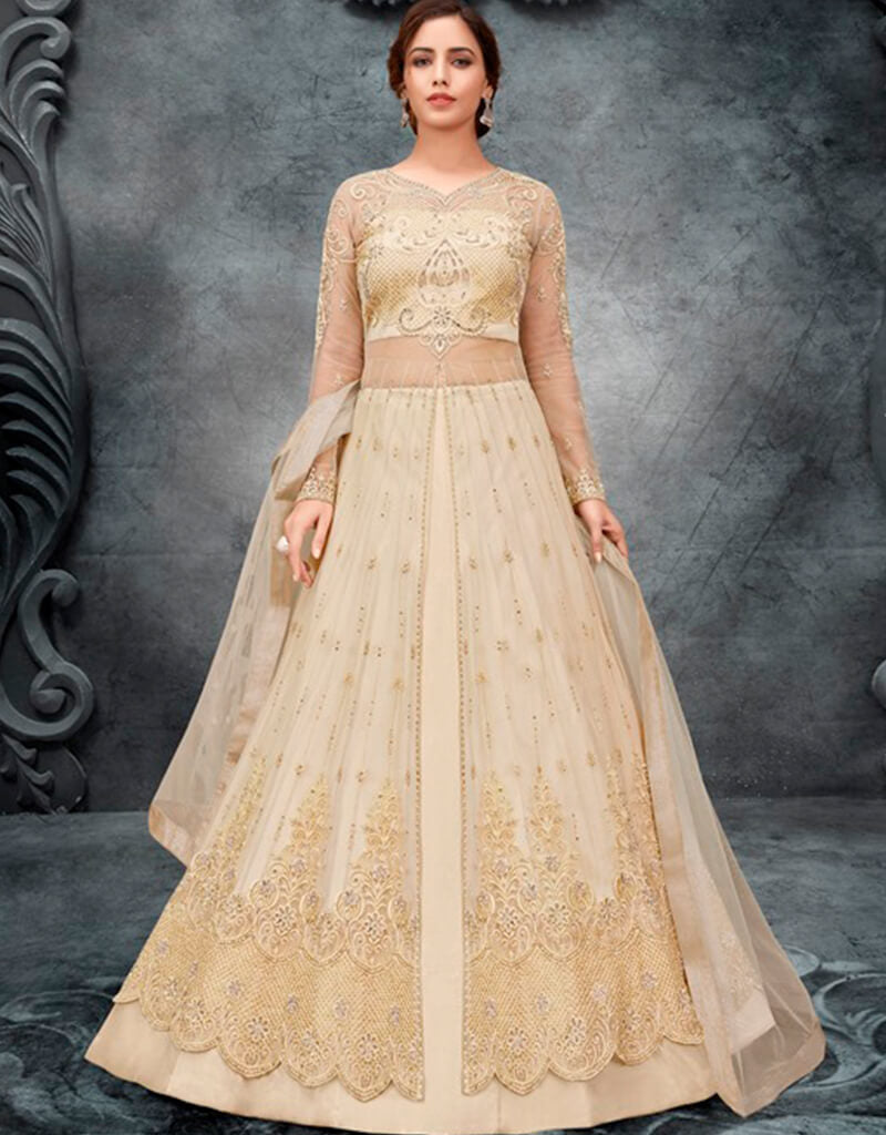 Elegant Beige Lehenga Style Suit with Butterfly Net Embroidery - Perfect for Weddings, Festivals & Special Occasions