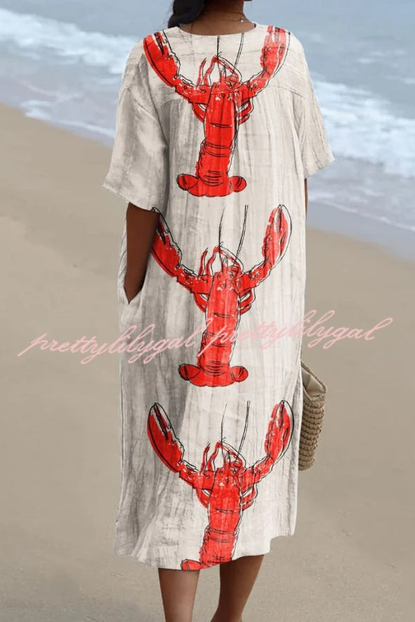 Stylish Marine Print V-Neck Short Sleeve Midi Dress for Women | Beach Vacation, Summer Outfits, Casual Wear