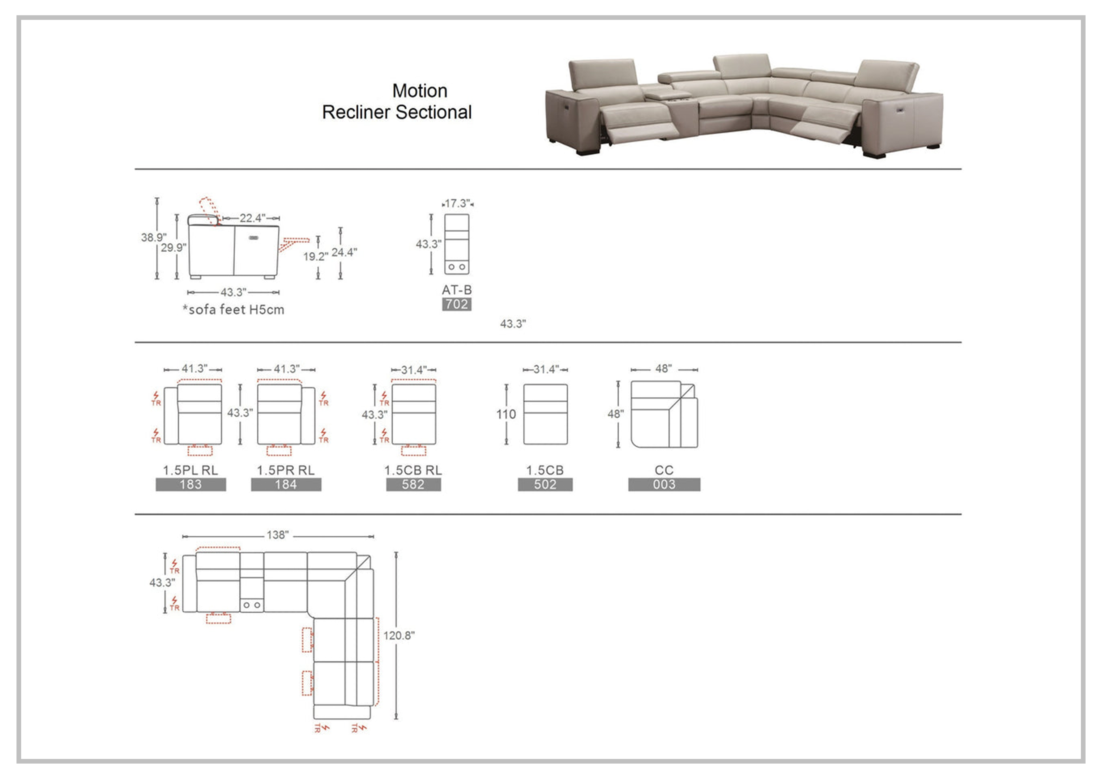 Gio Italia Aventura L-Shaped Fabric Power Reclining Sectional Sofa - Modern Recliner Couch with USB Charging for Living Room, Home Theater & Family Room Comfort