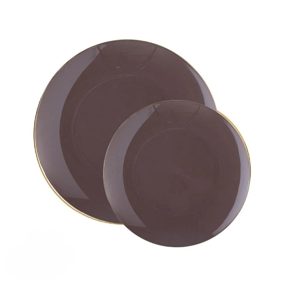 Elegant Round Plastic Plates with Truffle & Gold Rim - Organic & Eco-Friendly Dinnerware for Parties, Weddings & Special Occasions