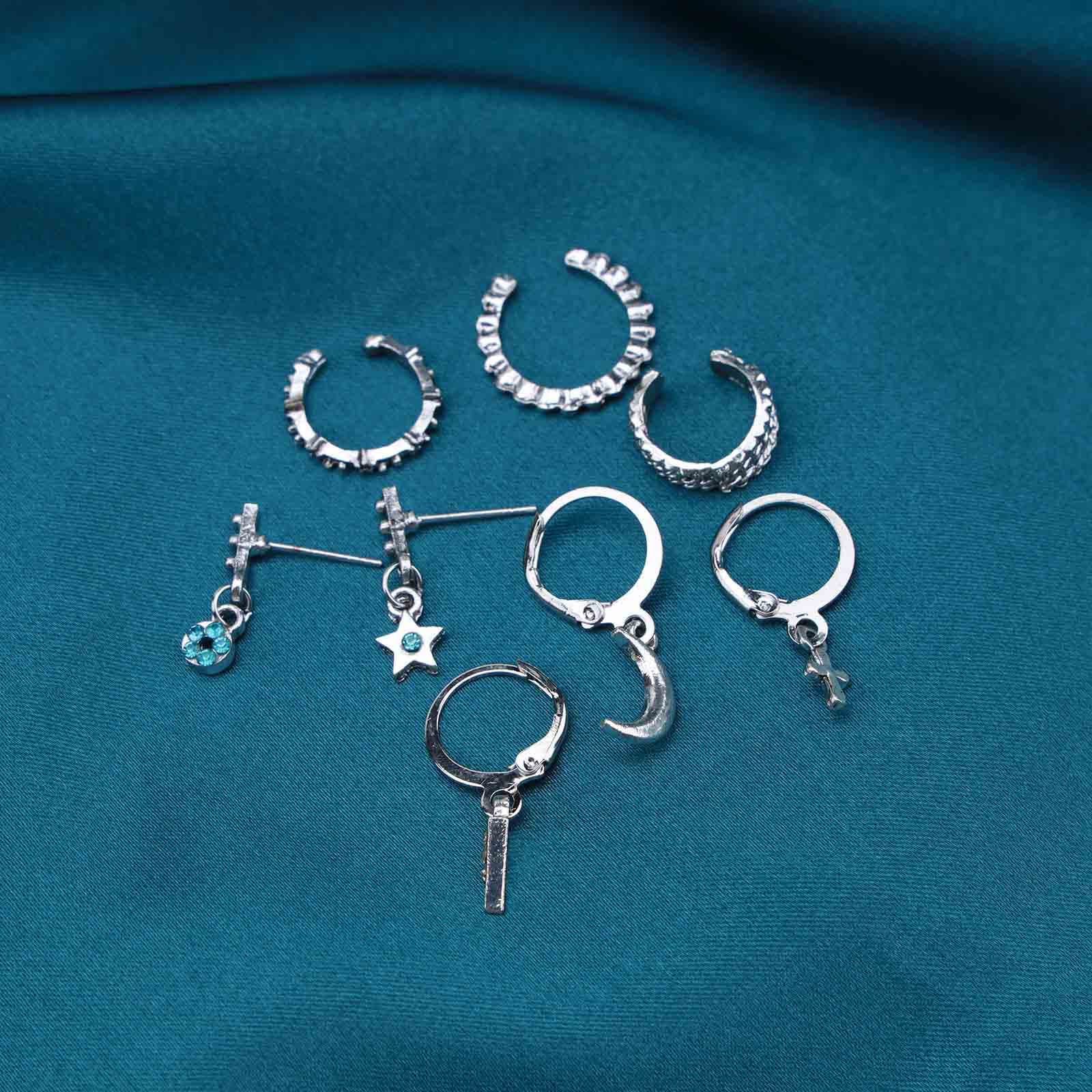 Boho Rhinestone Circle Huggie Hoop Earrings for Women - Silver Multiple Piercing Earrings Set with Flower, Cross & Star Dangle - Vintage CZ Band Cuff Jewelry for Everyday Wear & Special Occasions